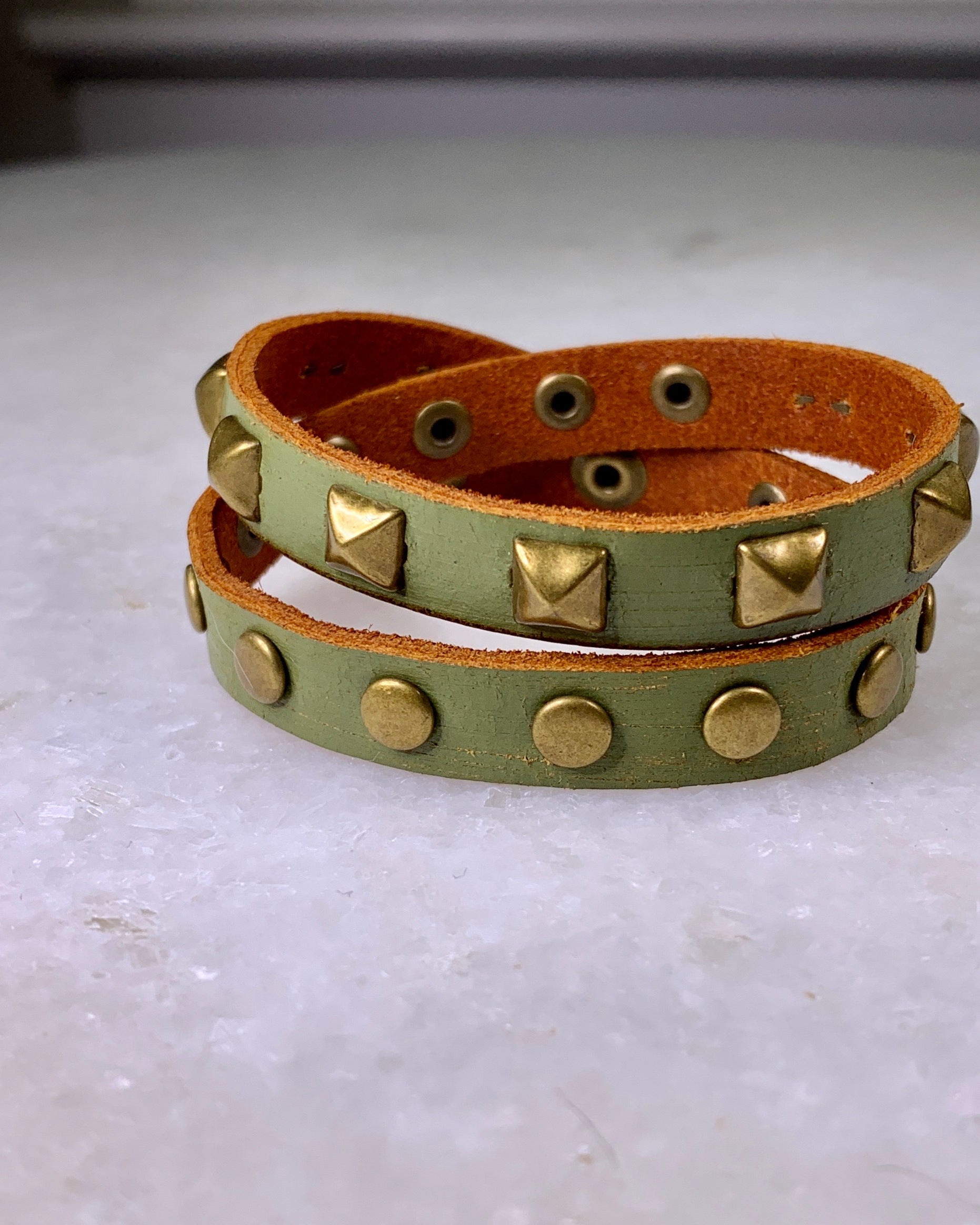 Green Leather Stud Wrap Bracelet.