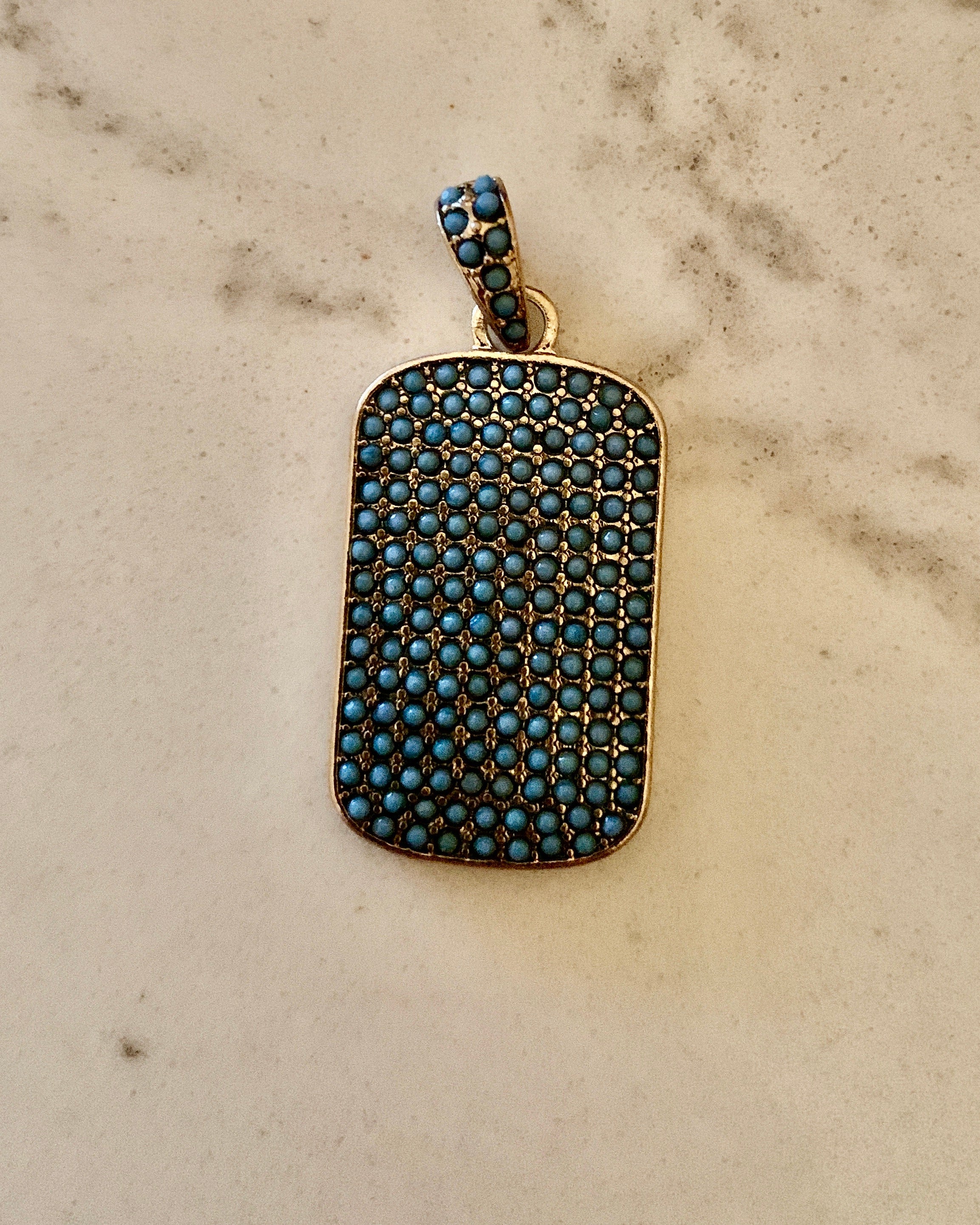 Turquoise Pave Dog Tag Charm - Gold.