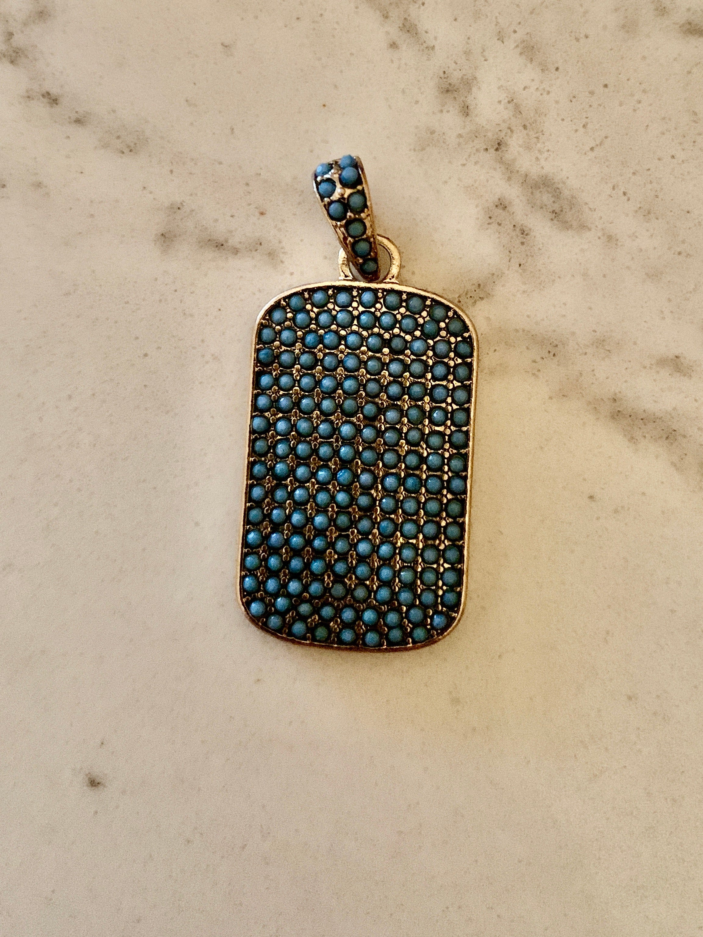 Turquoise Pave Dog Tag Charm - Gold.