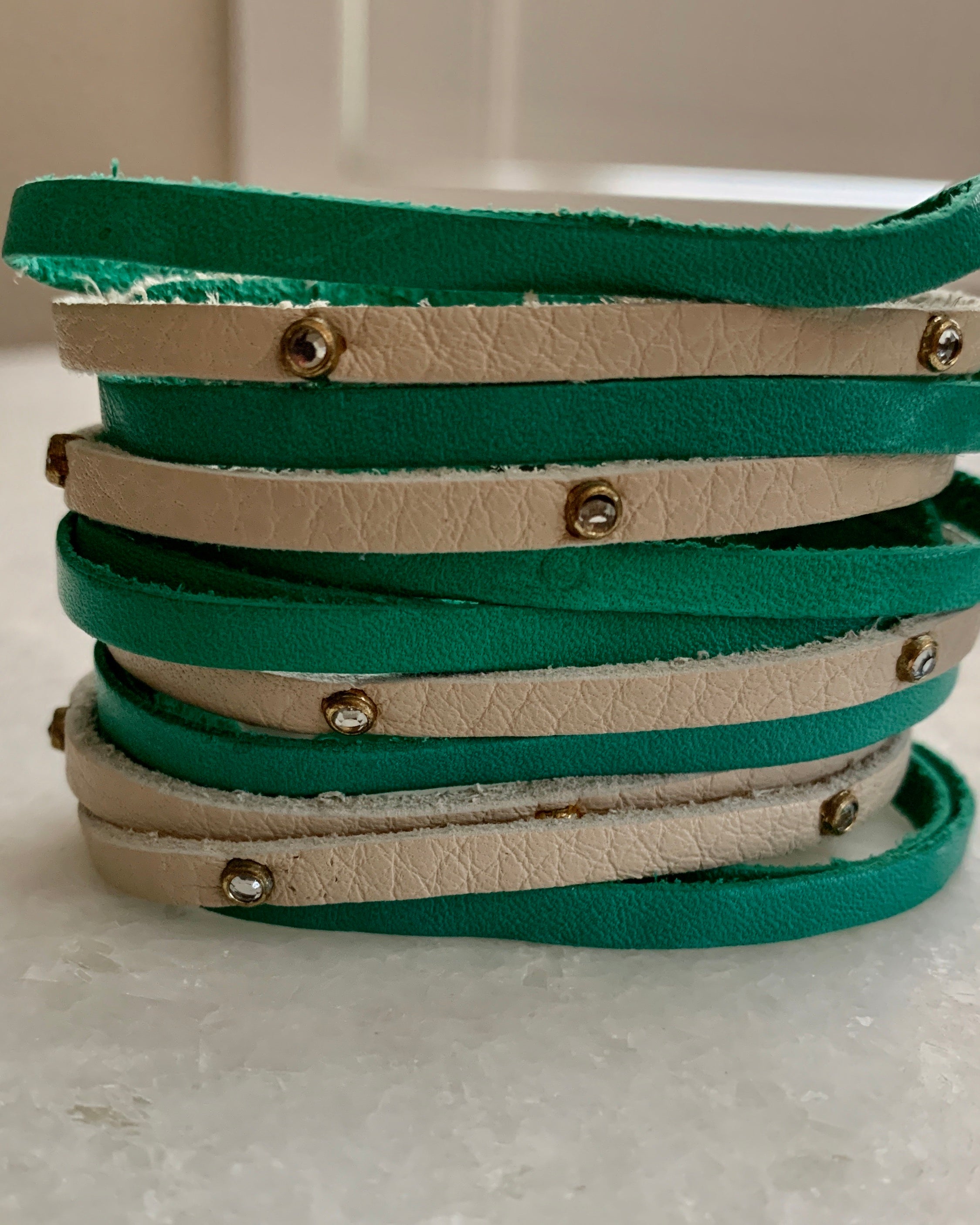 Off White & Persian Green Leather Bracelet.