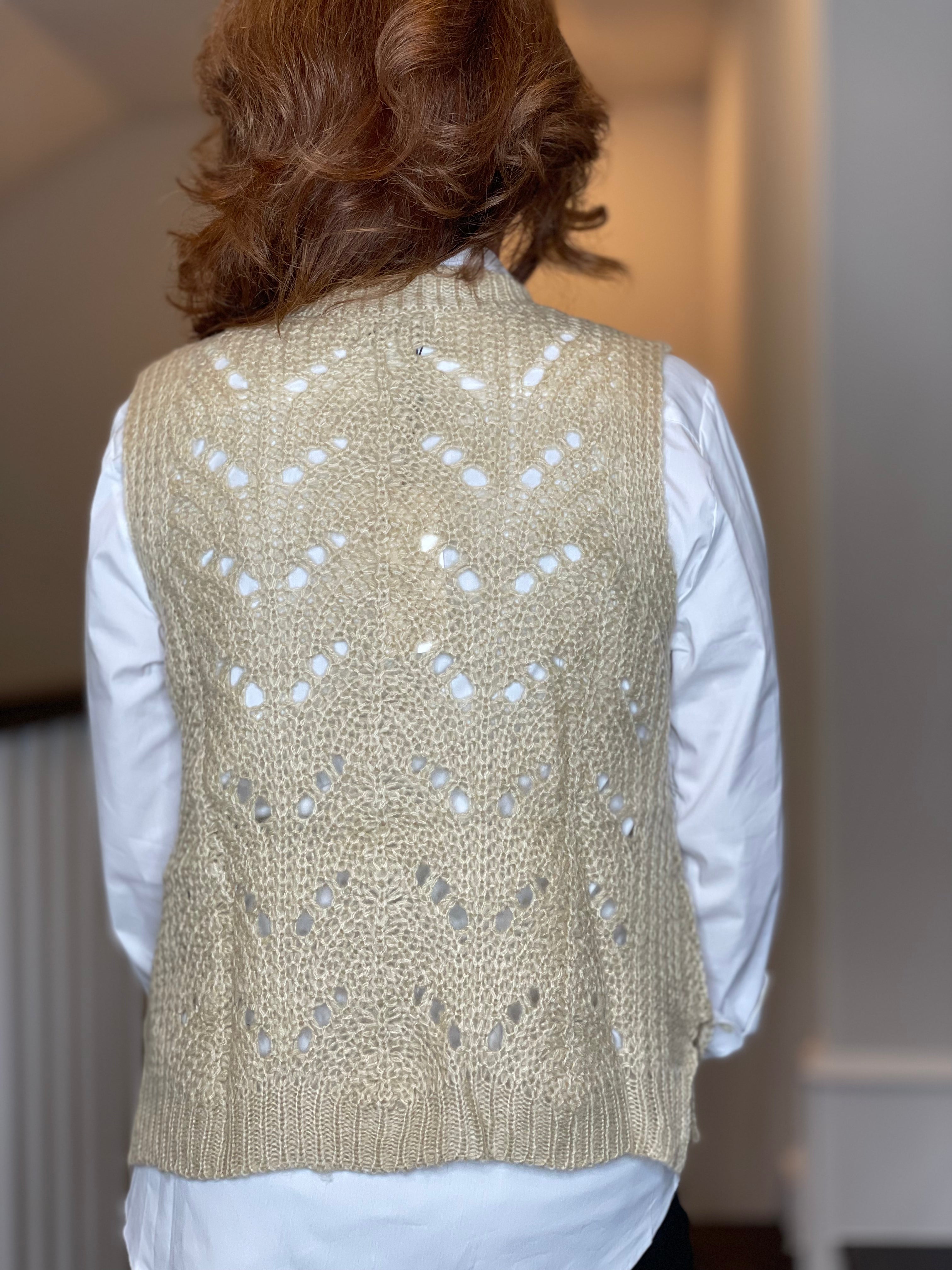 Molly Bracken Pointelle Crew Neck Vest in Beige.