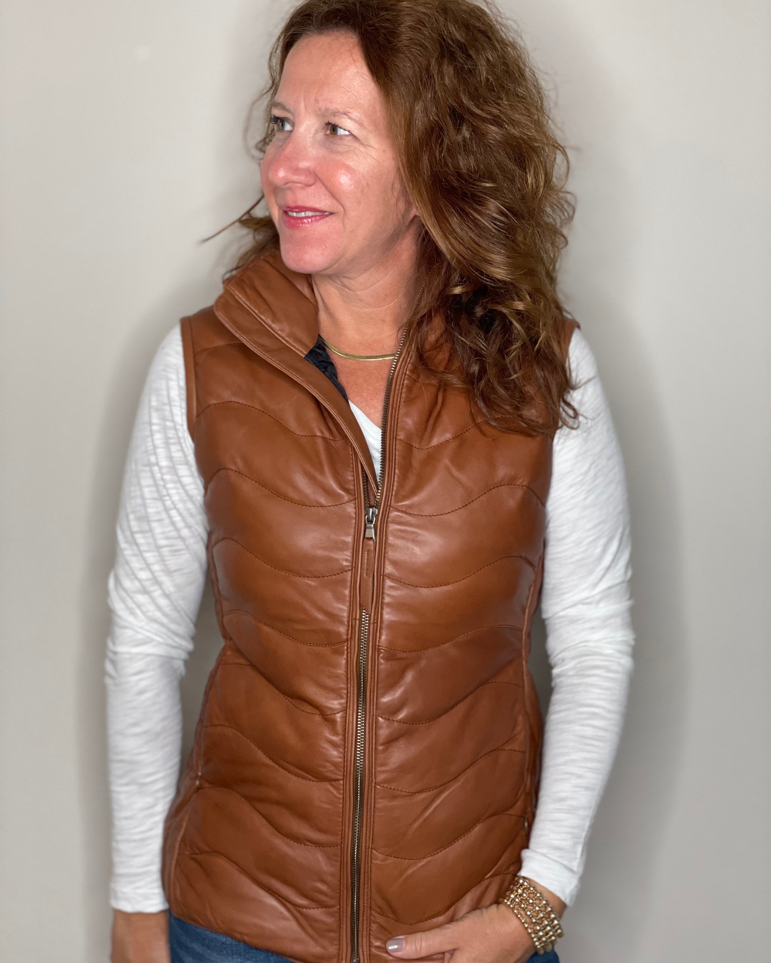Scully Leather Puffer Vest in Cognac.