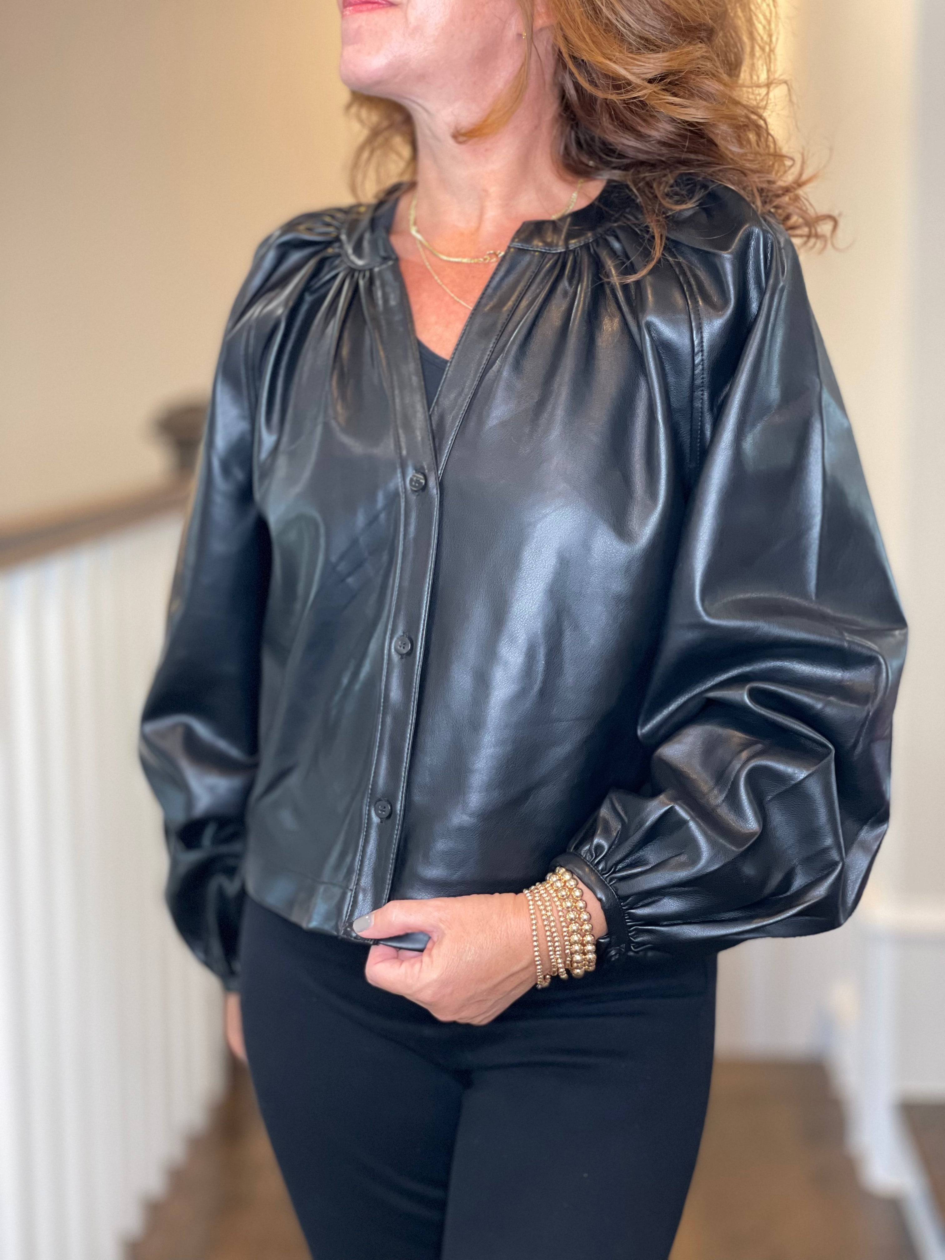 Vegan Leather Button Down Peasant Top in Black.