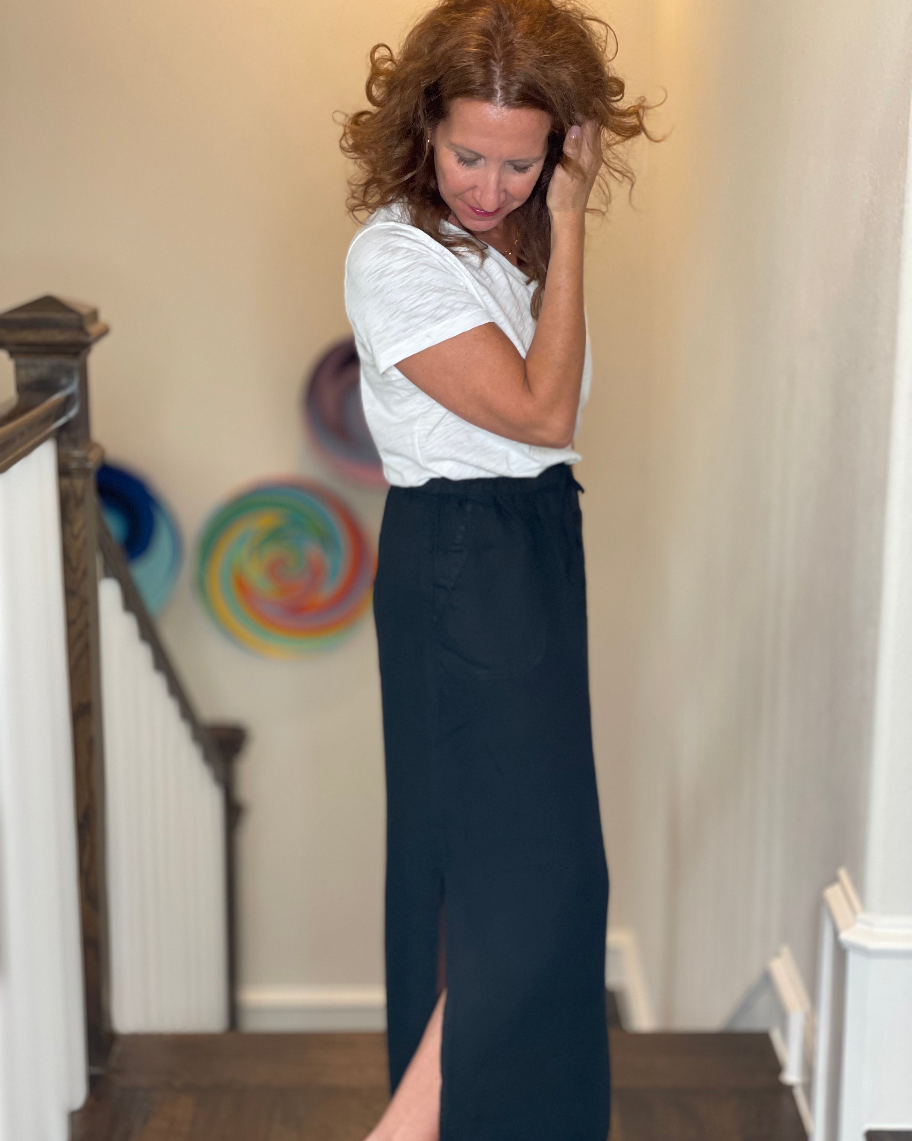 Pure Amici Long Linen Skirt in Black.