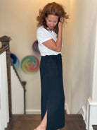 Pure Amici Long Linen Skirt in Black.