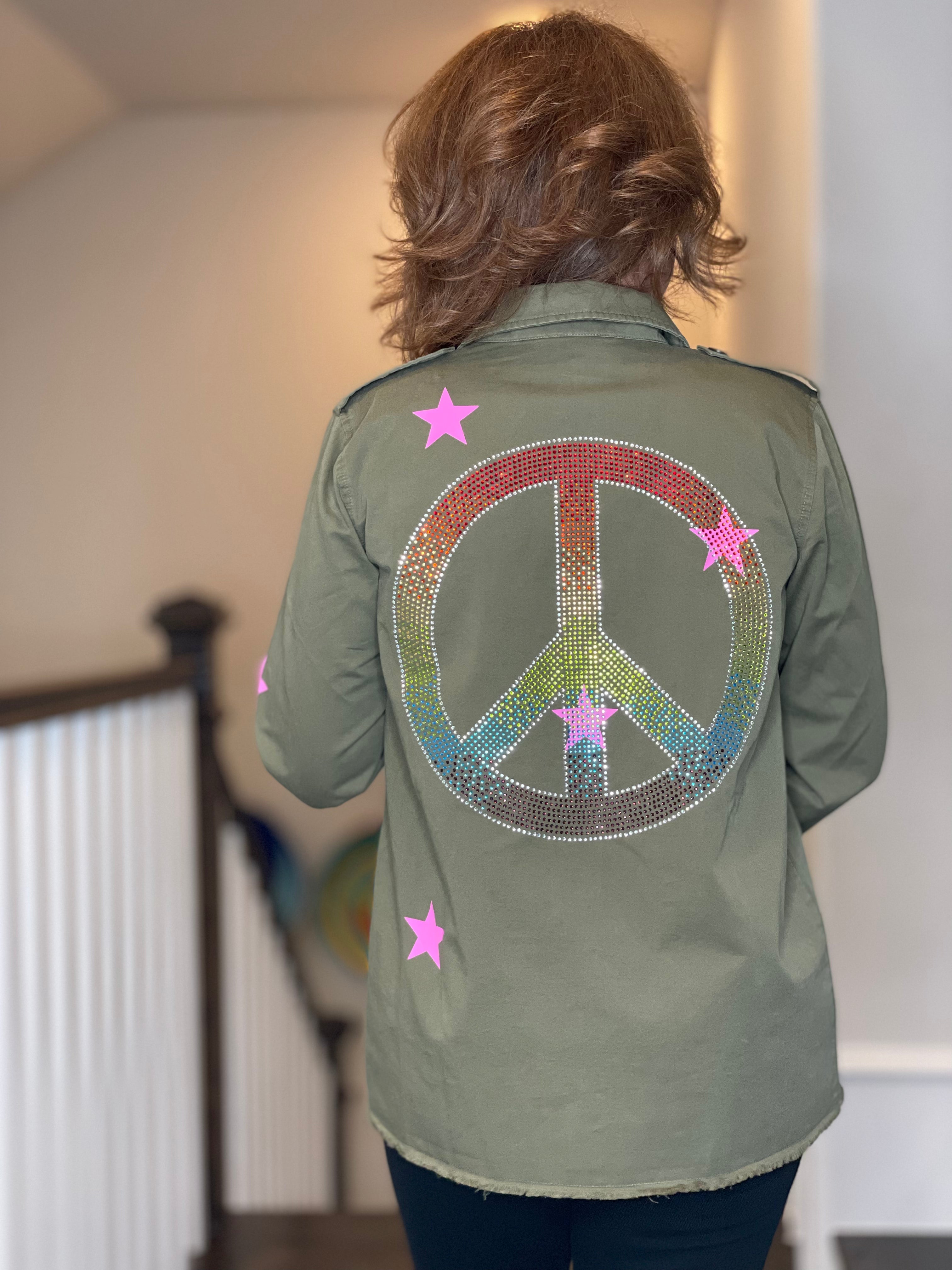 Army Shacket w/Rhinestone Peace Sign.