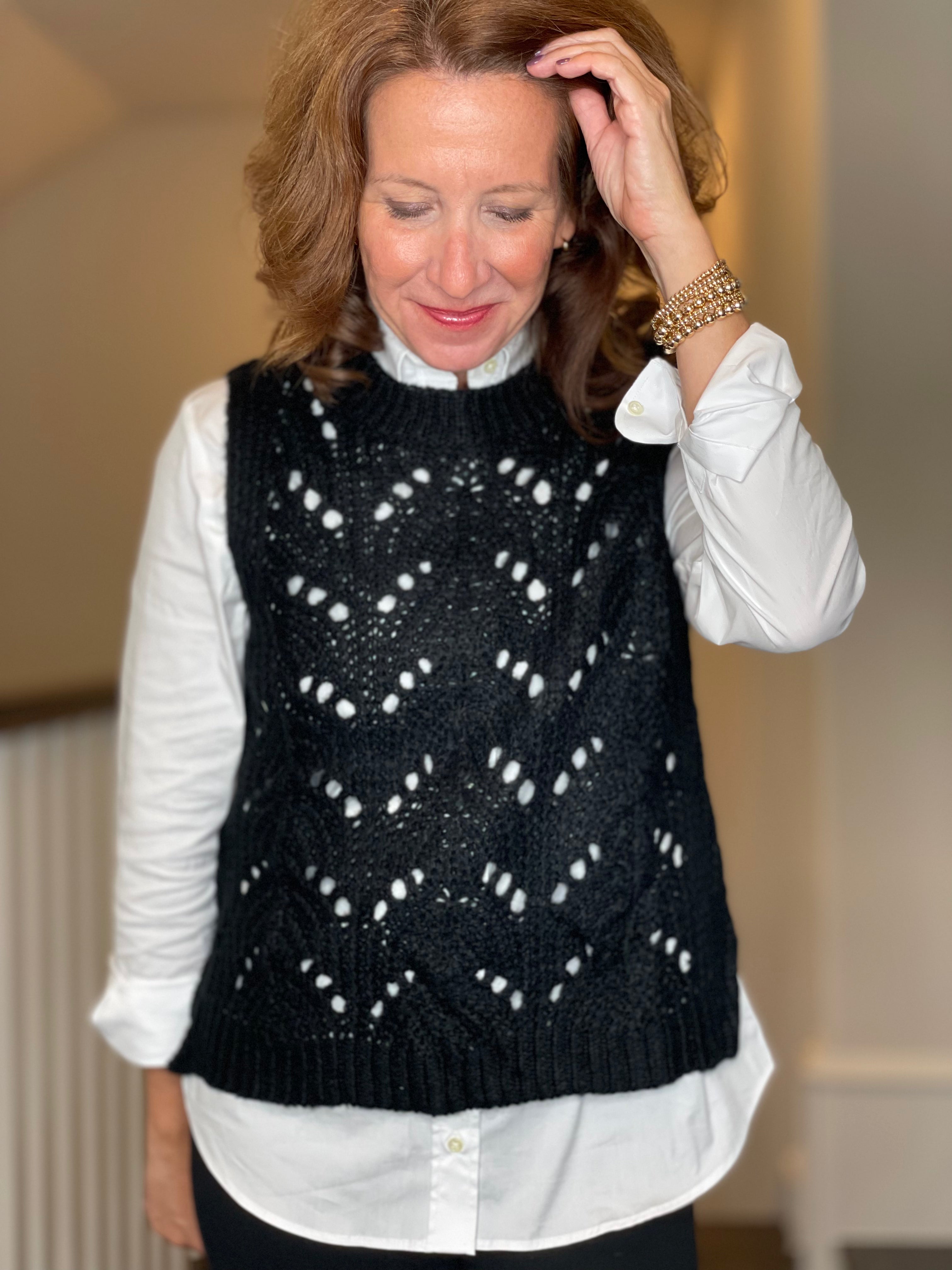 Molly Bracken Pointelle Crew Neck Vest in Black.