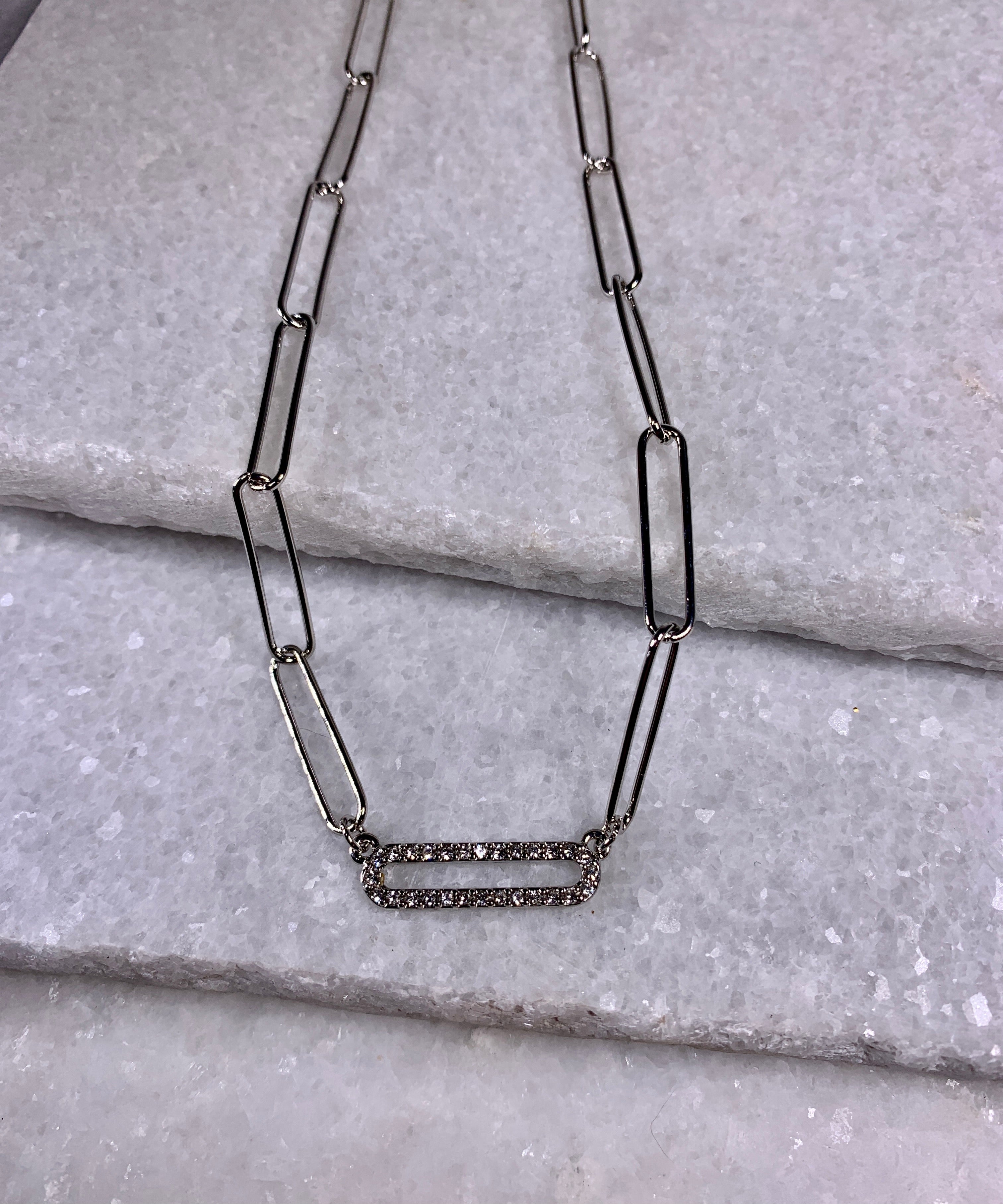 Silver Single Pave Link Necklace.