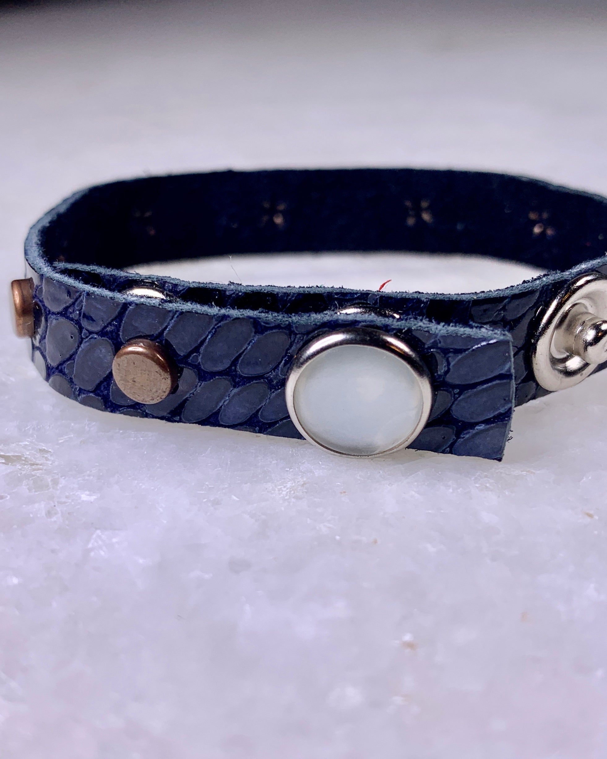Blue Leather Bracelet w/Copper Studs.