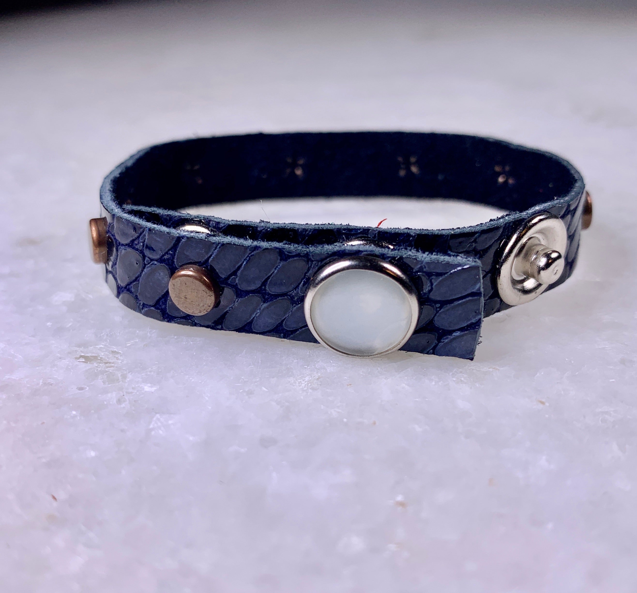 Blue Leather Bracelet w/Copper Studs.