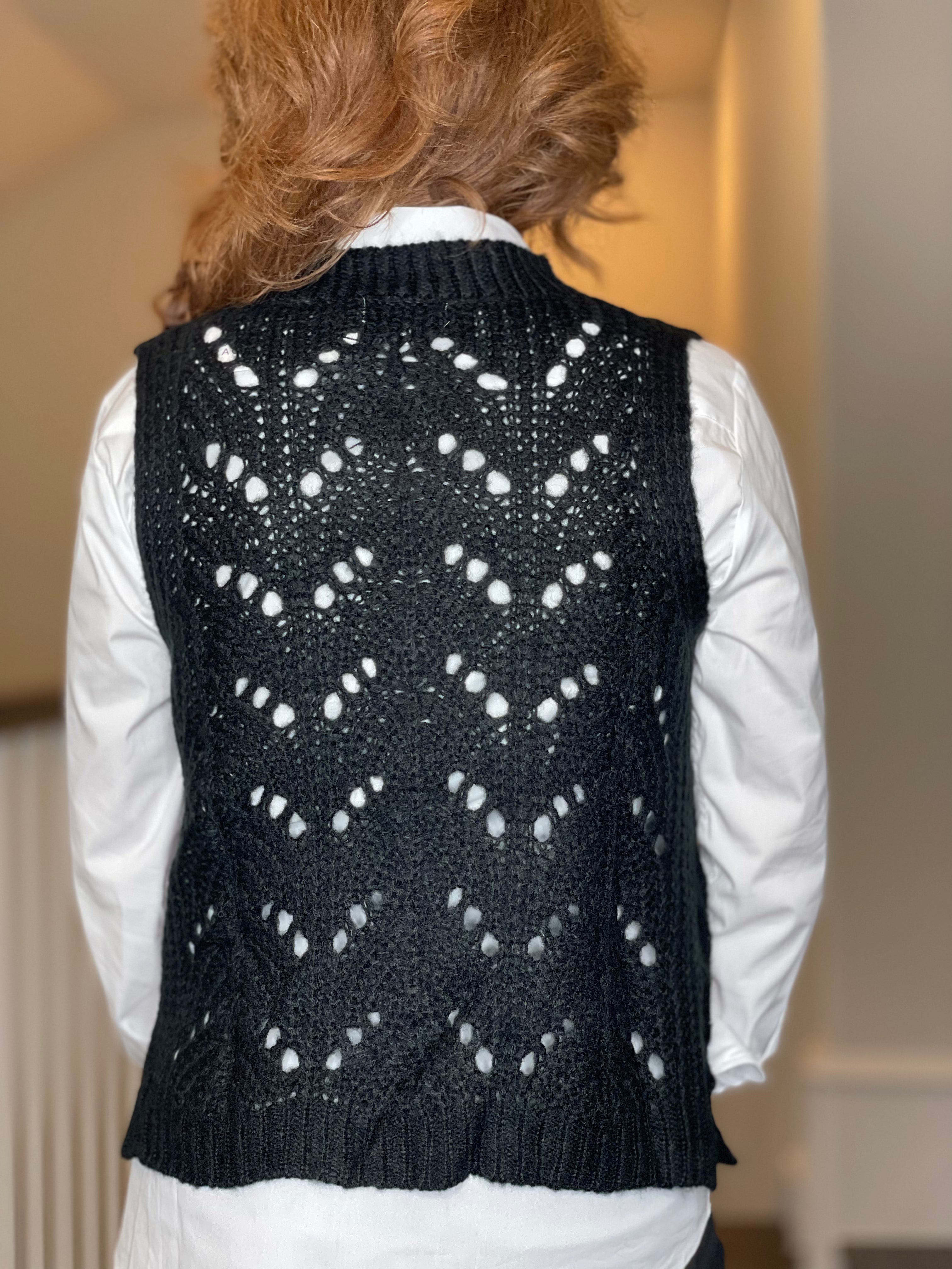 Molly Bracken Pointelle Crew Neck Vest in Black.