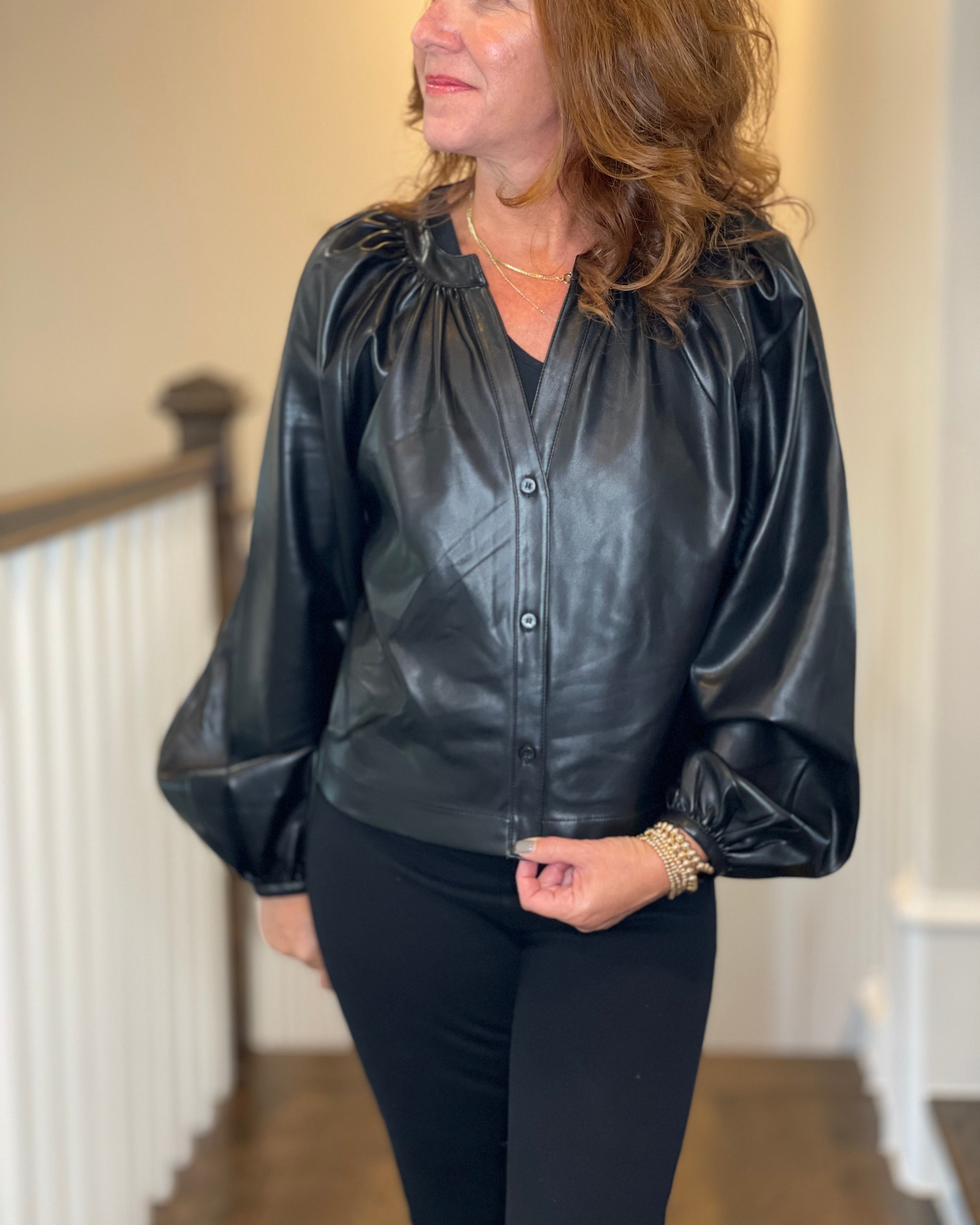 Vegan Leather Button Down Peasant Top in Black.