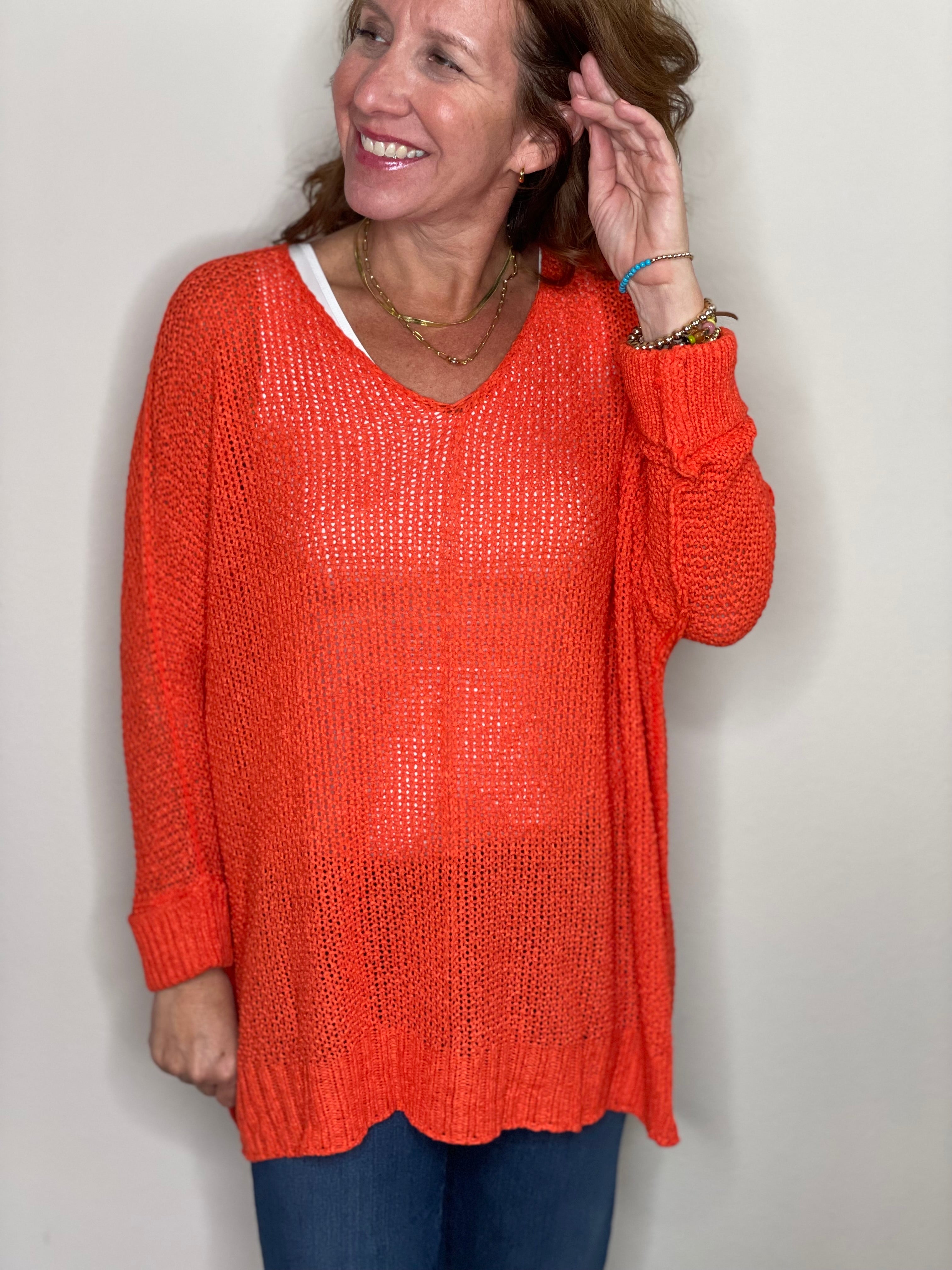 3/4 Sleeve Pullover Sweater - Tiger Lily.