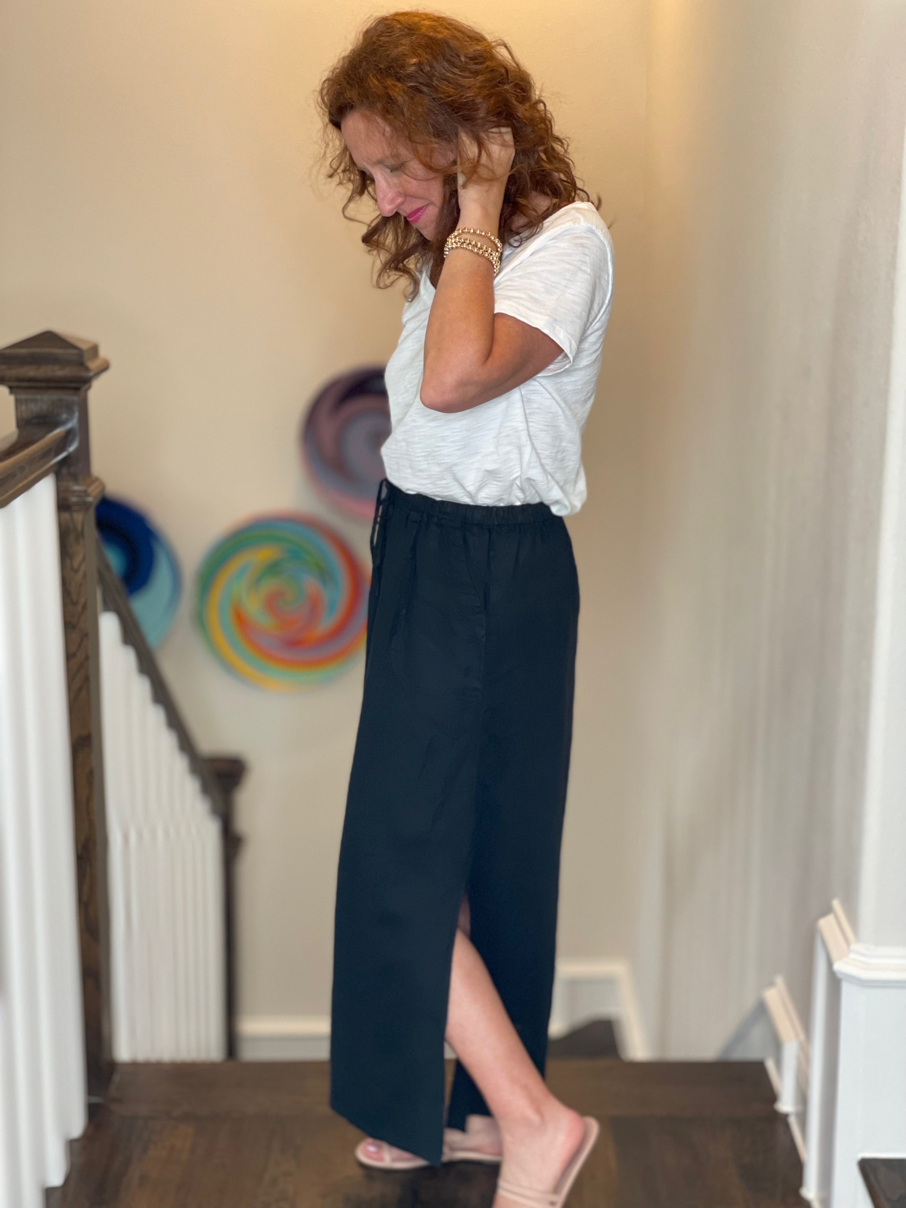 Pure Amici Long Linen Skirt in Black.