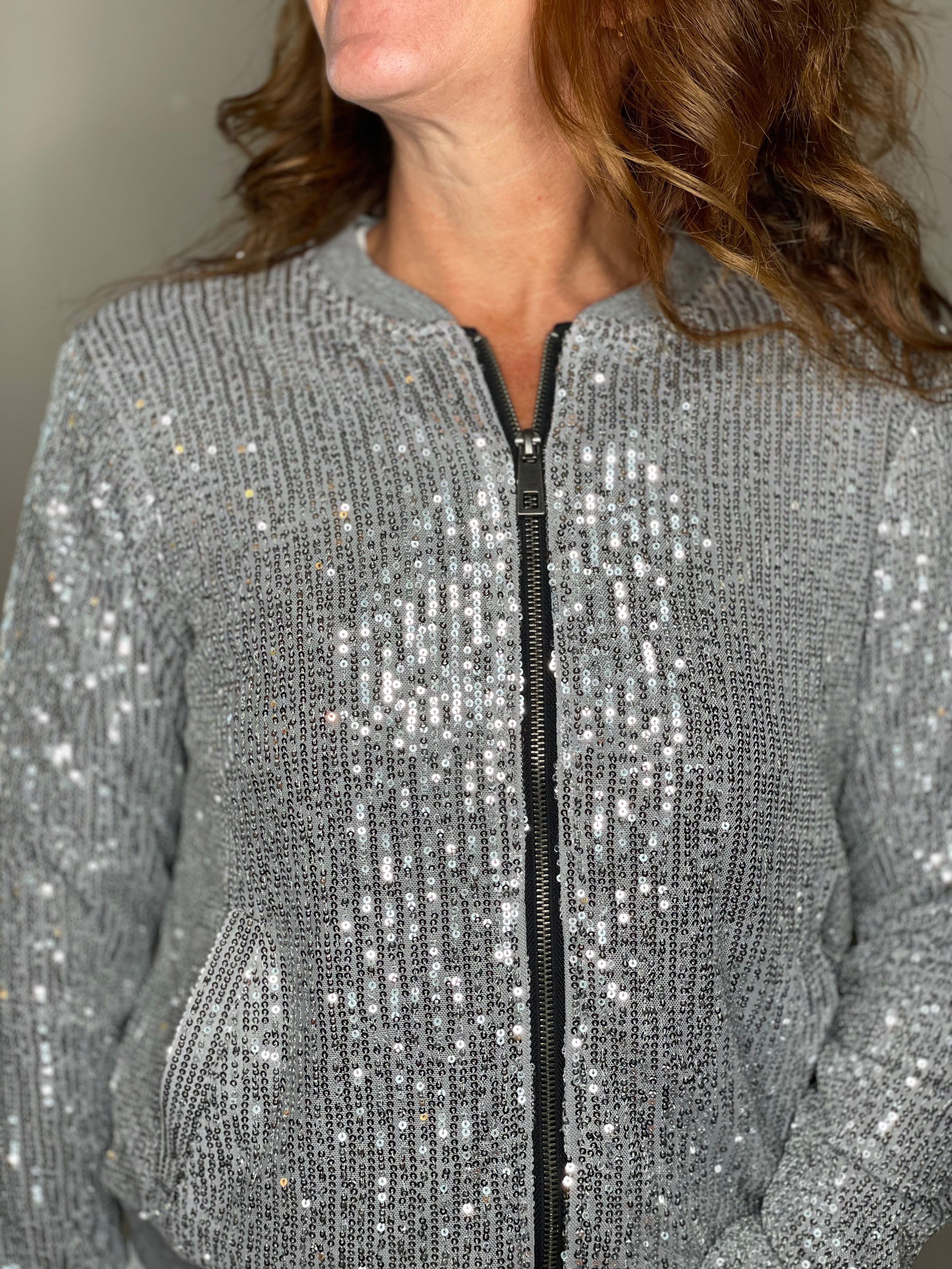 Sequin Bomber Jacket in Silver.