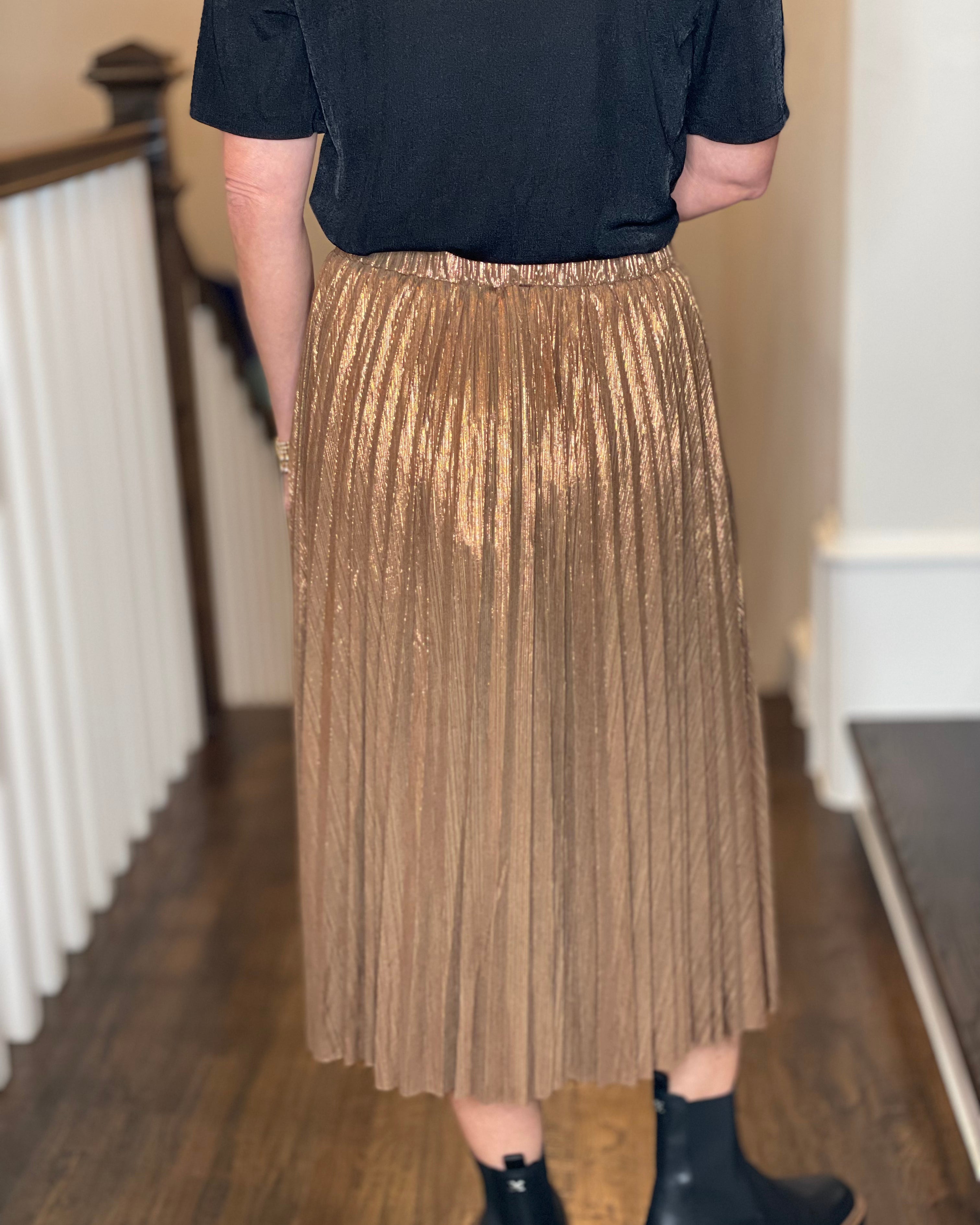 Molly Bracken Metallic Pleated Skirt in Rust.