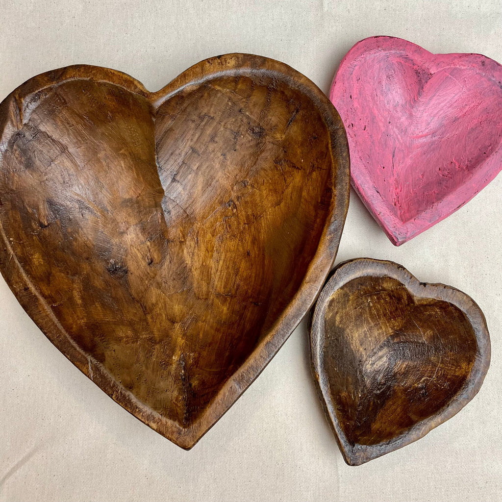 Assorted Wooden Heart Bowls.