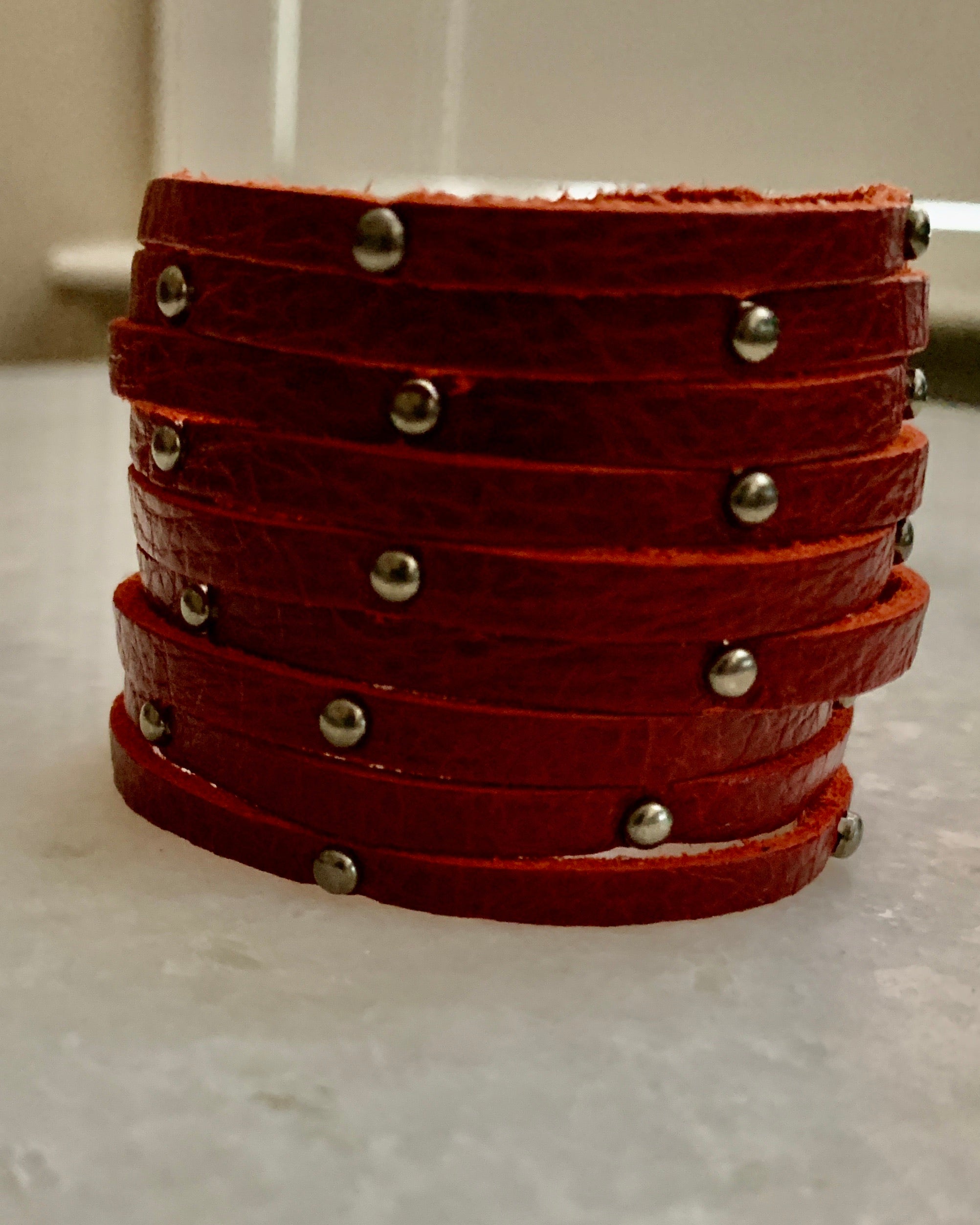 Red Leather Bracelet w/Silver Studs.
