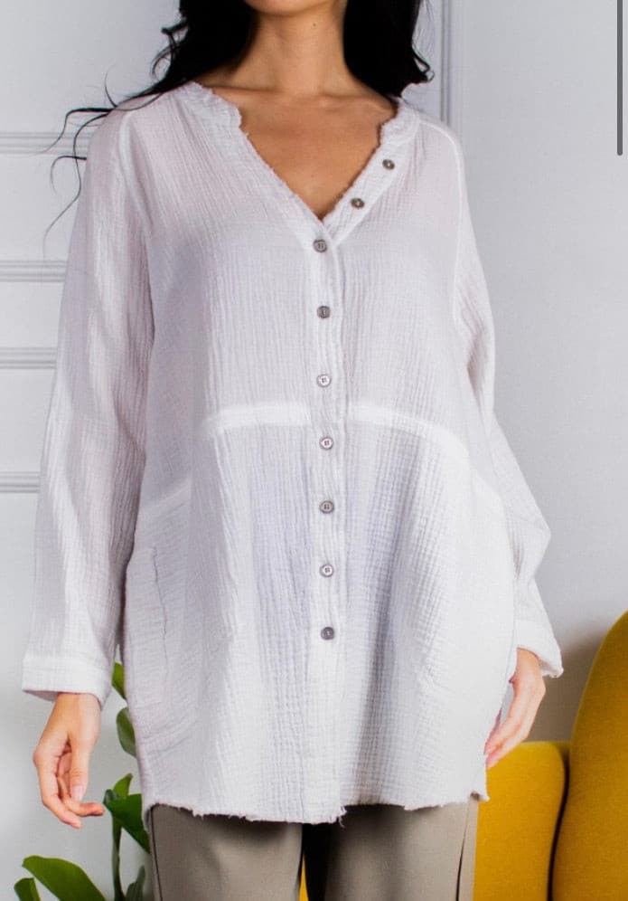 Gauze Button Down Tunic w/Raw Edge- Off White.