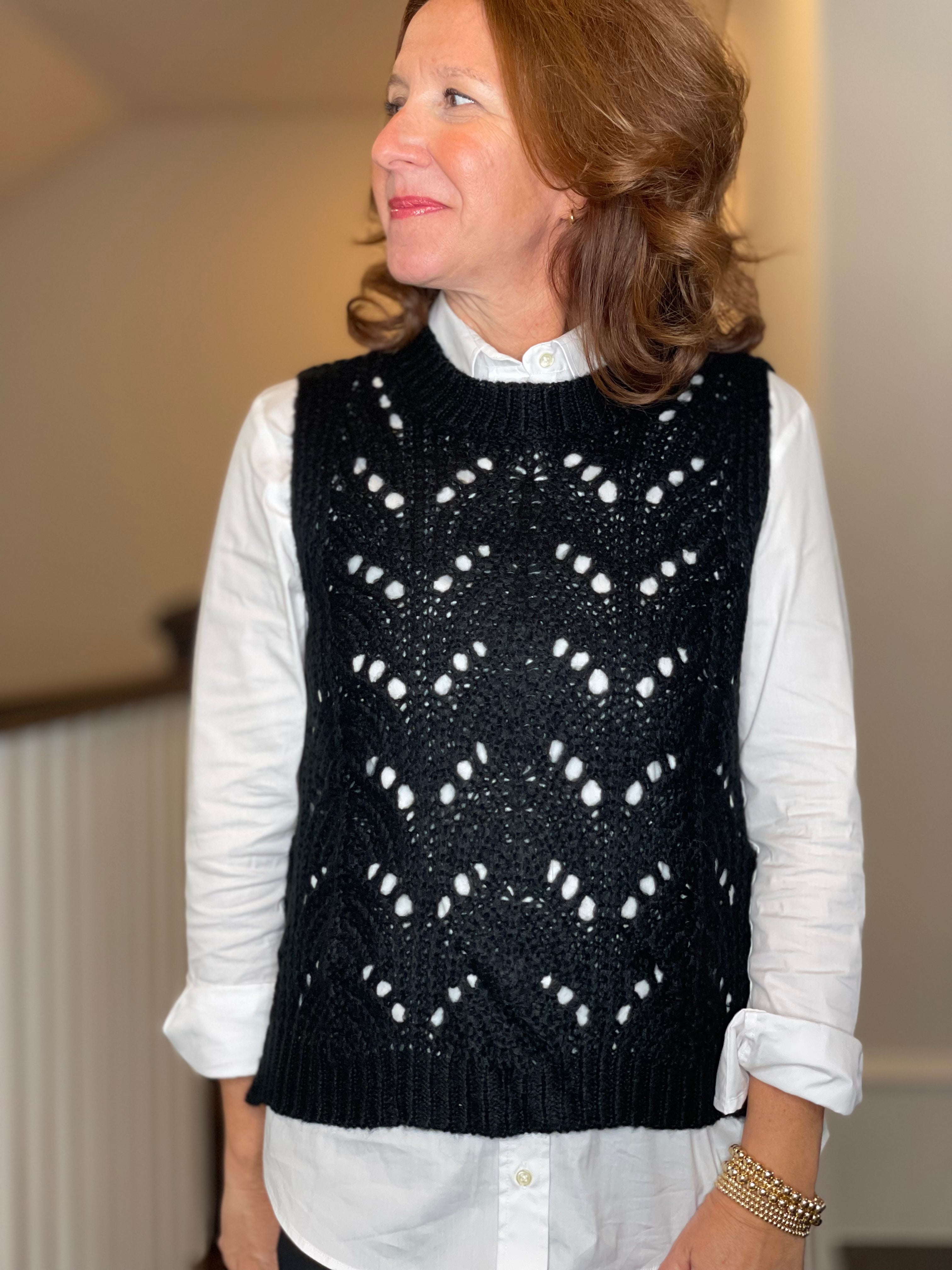 Molly Bracken Pointelle Crew Neck Vest in Black.