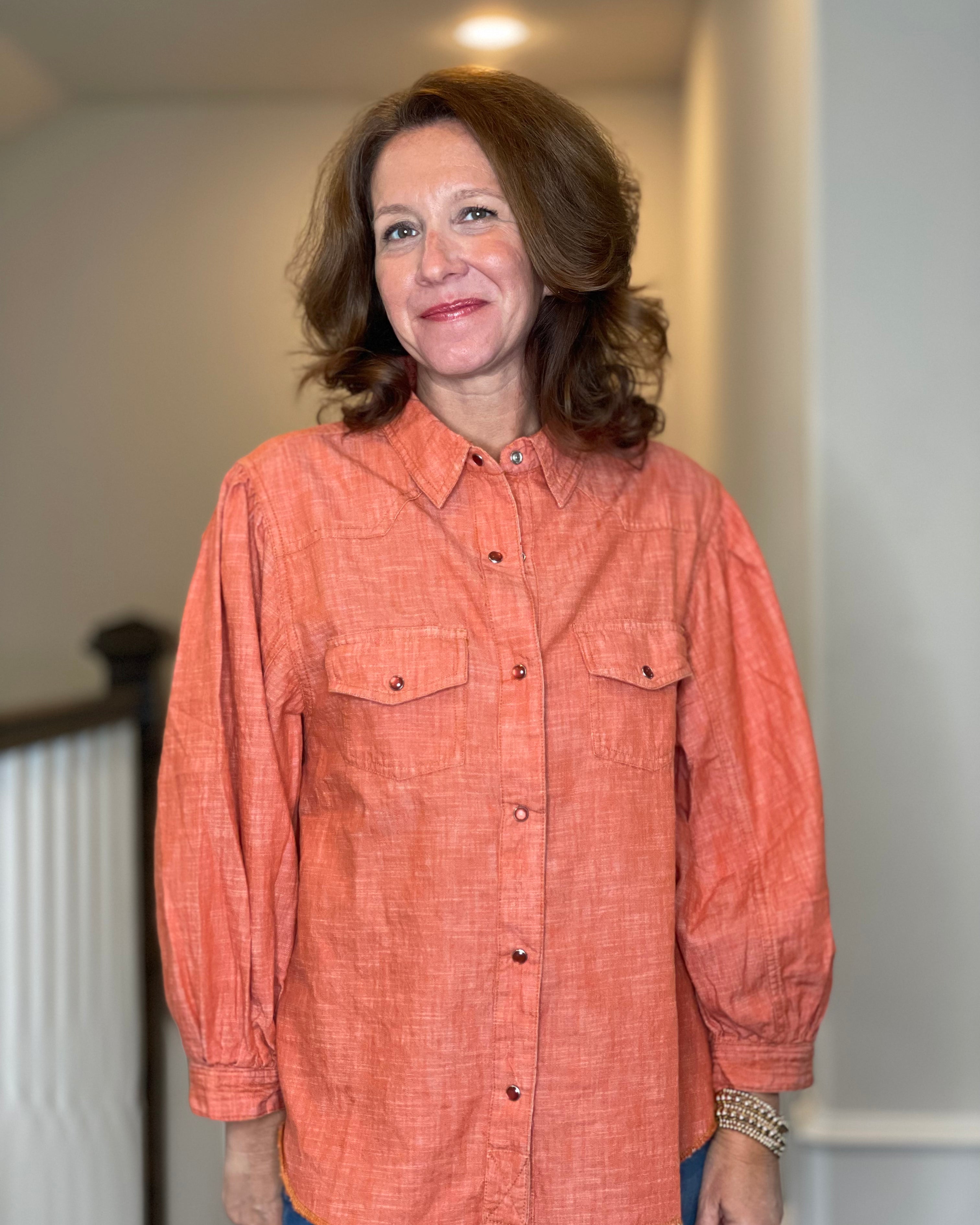 Ivy Jane Colored Denim Snap Shirt in Rust.