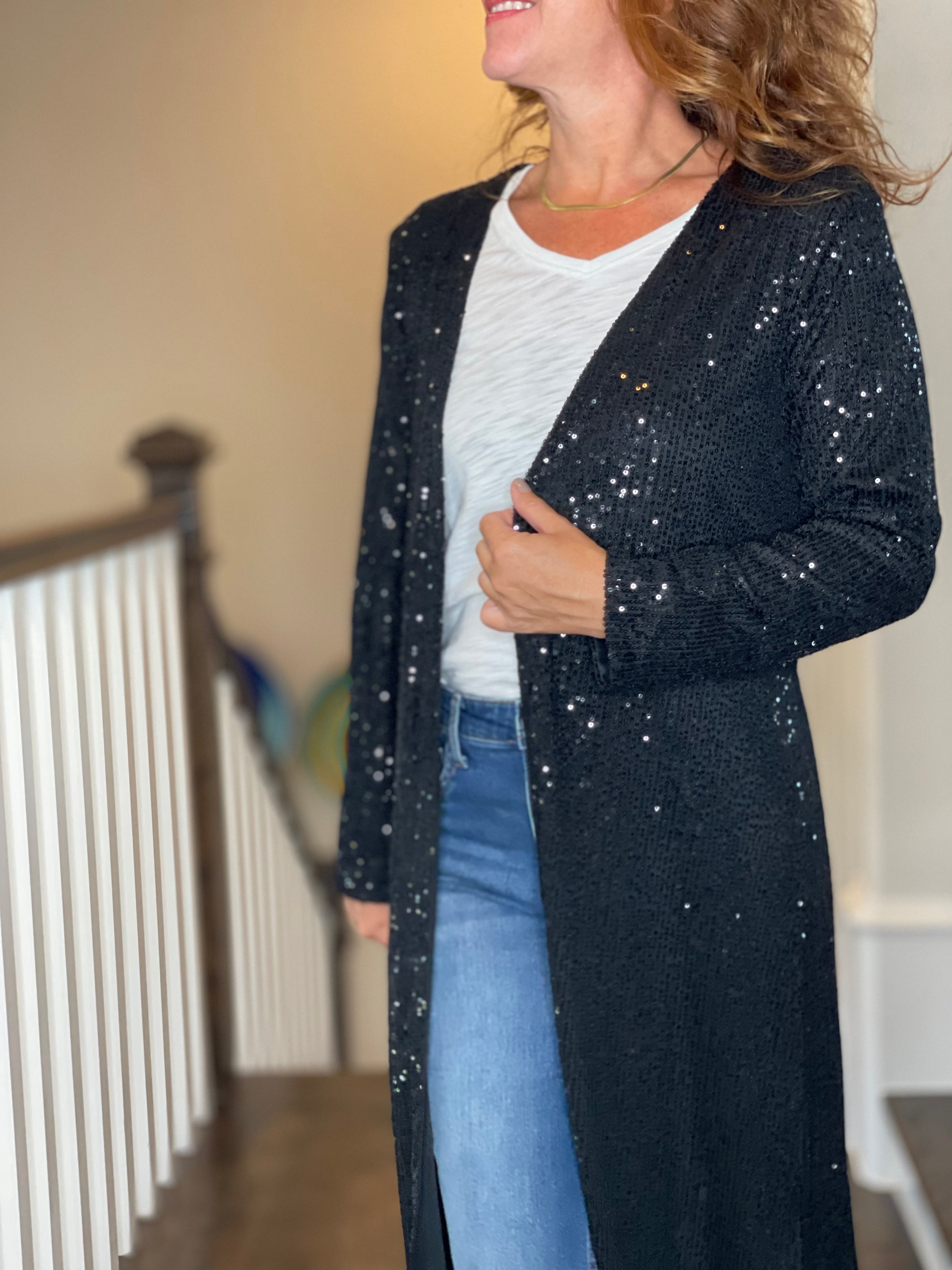 Sequin Duster in Black.