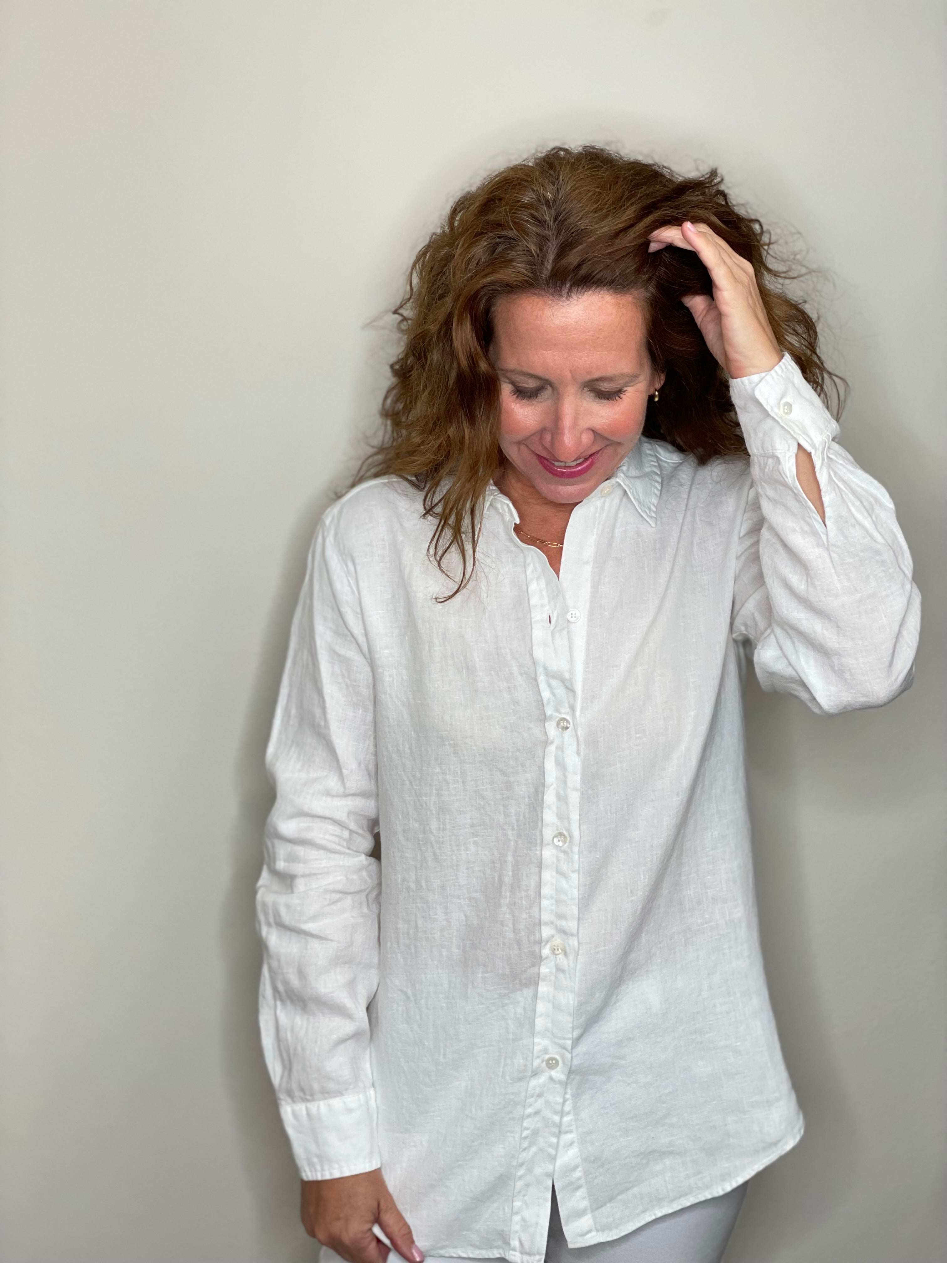 Pure Amici Button Down Linen Shirt in White.