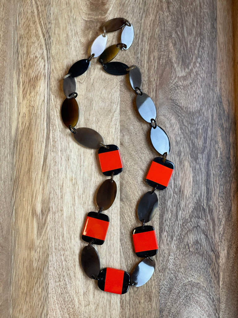 Red Lacquer & Natural Water Buffalo Horn Necklace.