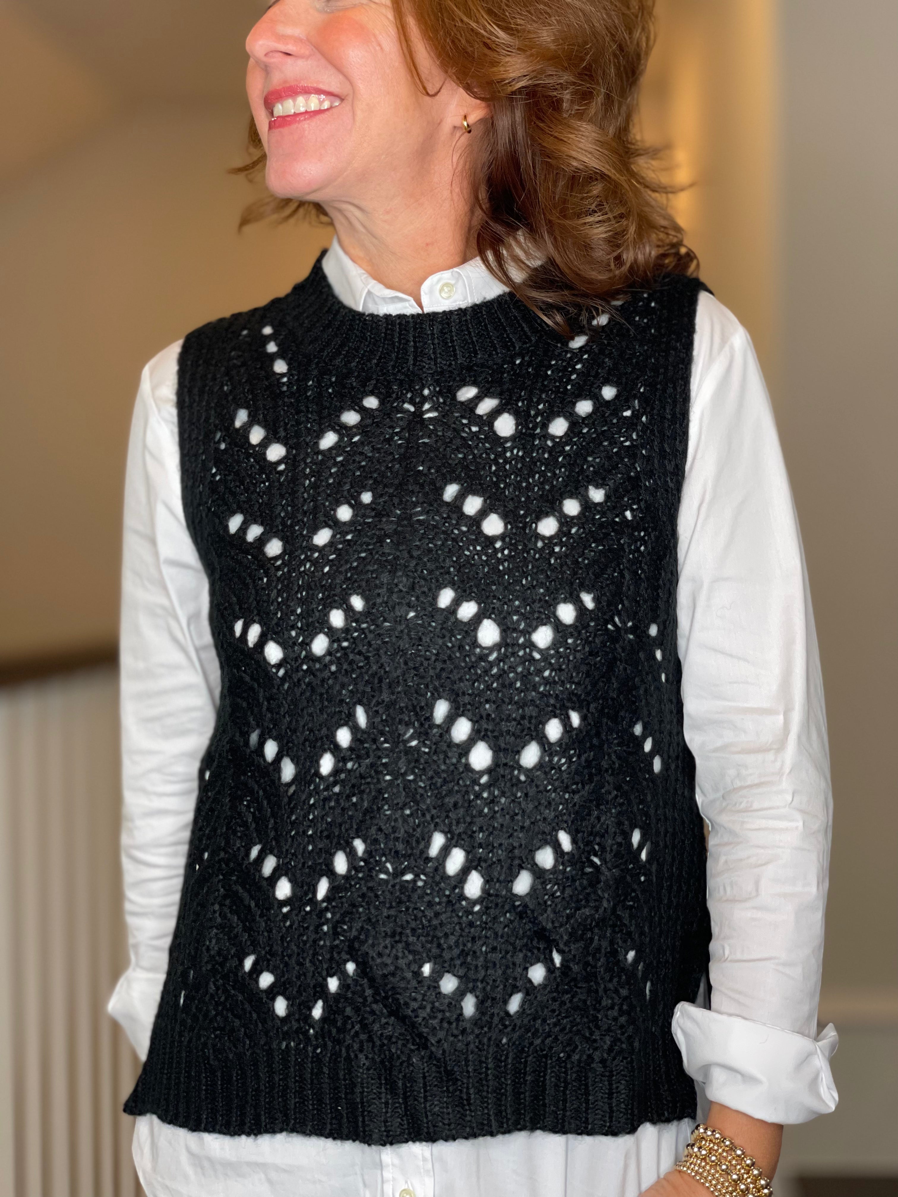 Molly Bracken Pointelle Crew Neck Vest in Black.