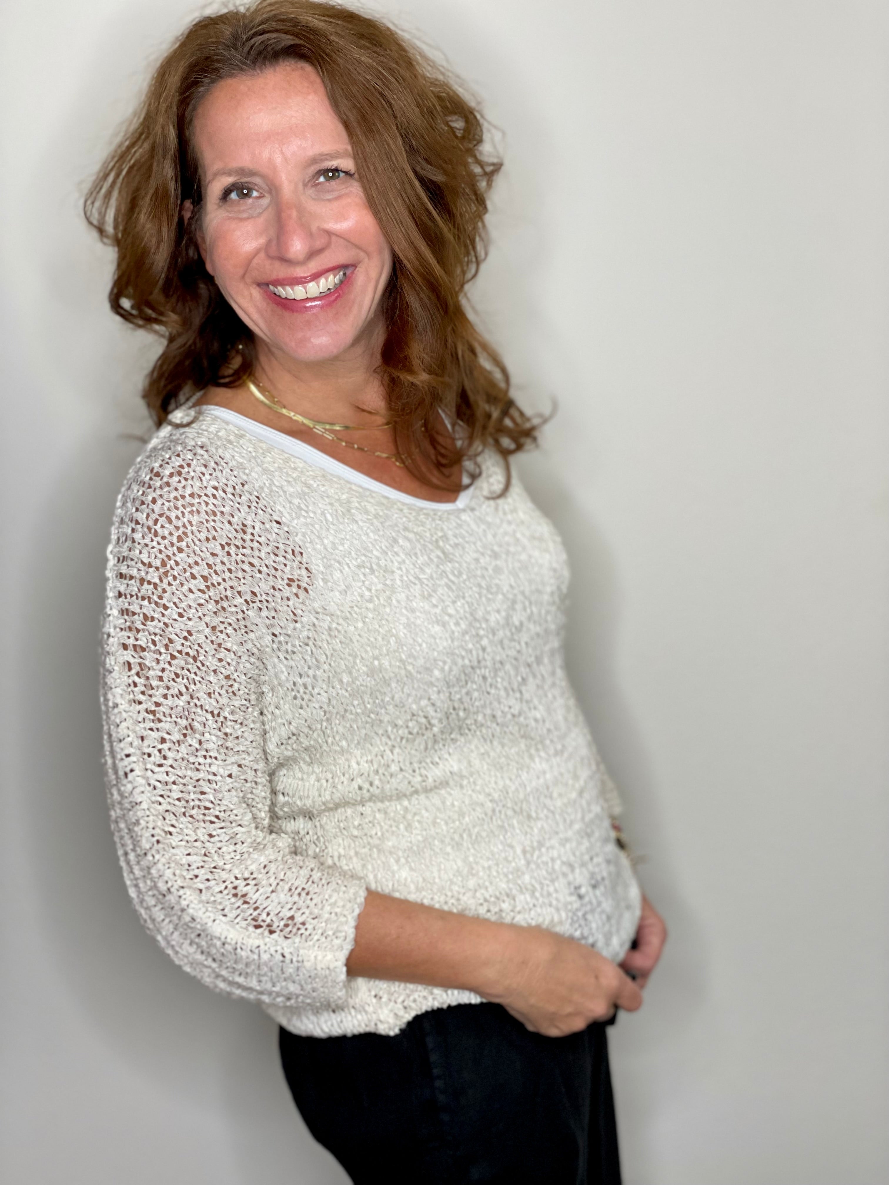 Ribbon Knit Sweater in Cream.