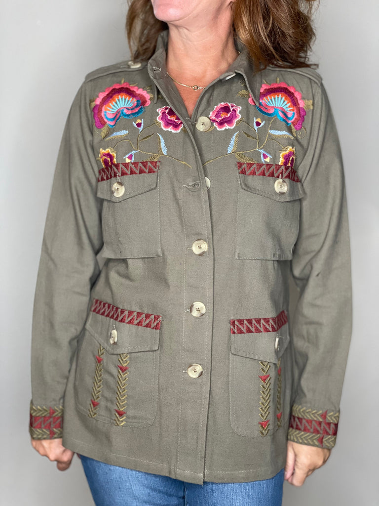 Khaki Embroidered Shirt Jacket.