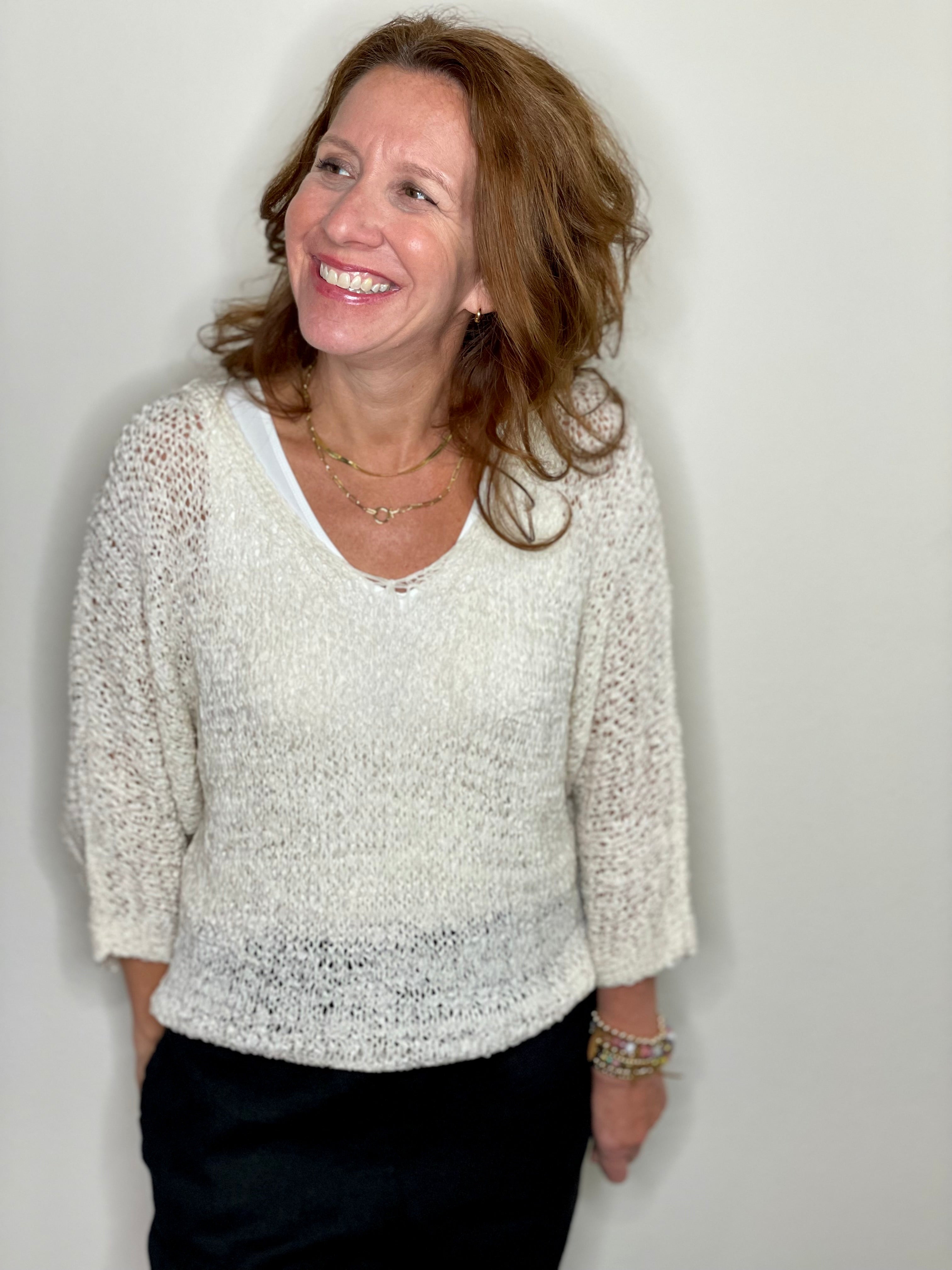 Ribbon Knit Sweater in Cream.