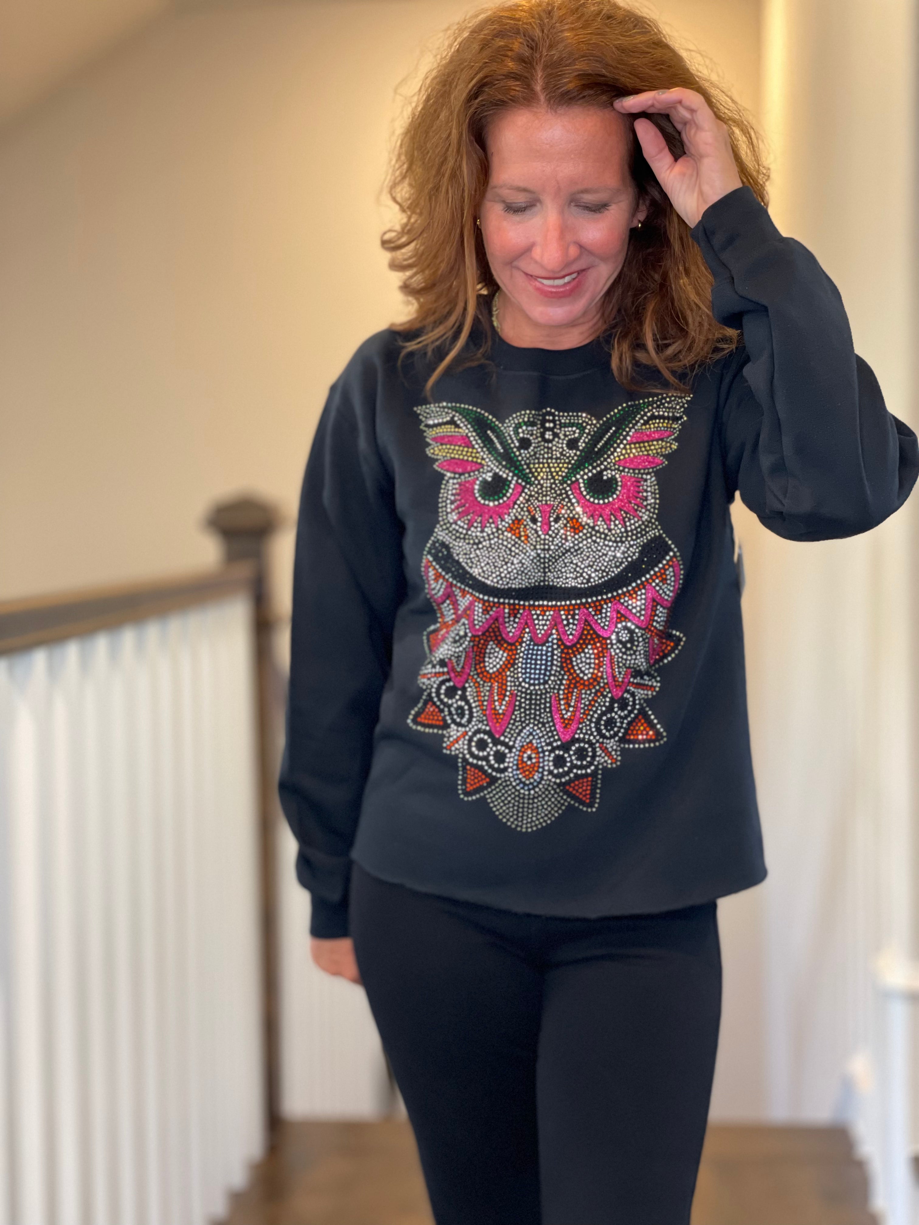 Rhinestone Owl Sweatshirt in Black.