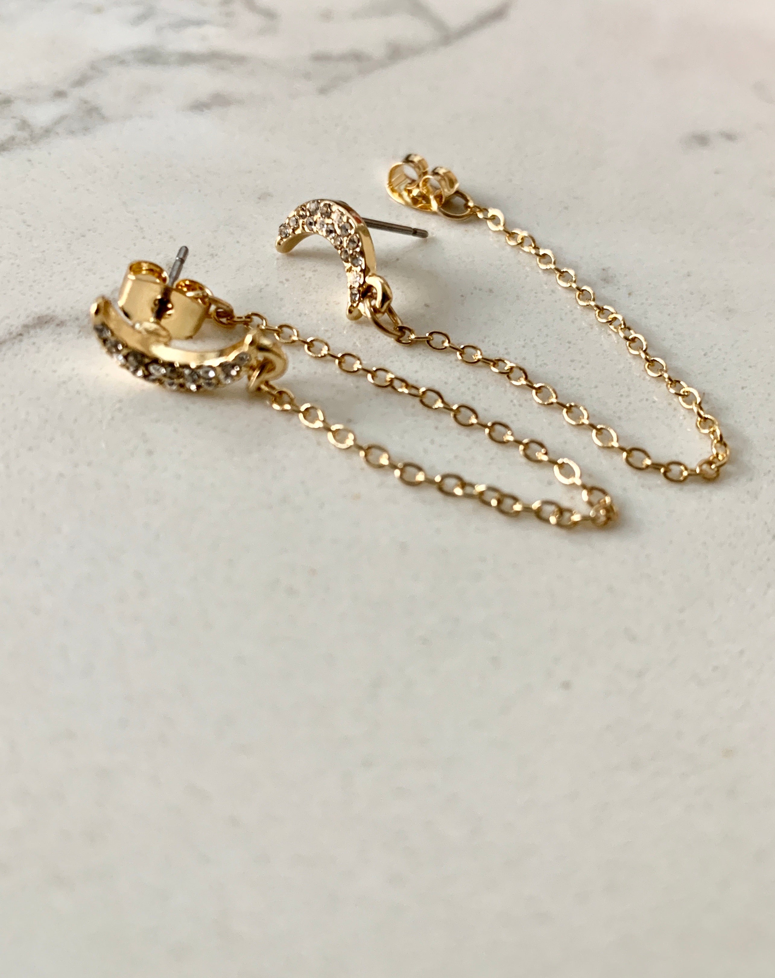 CZ Crescent Drape Post Earring-Gold.