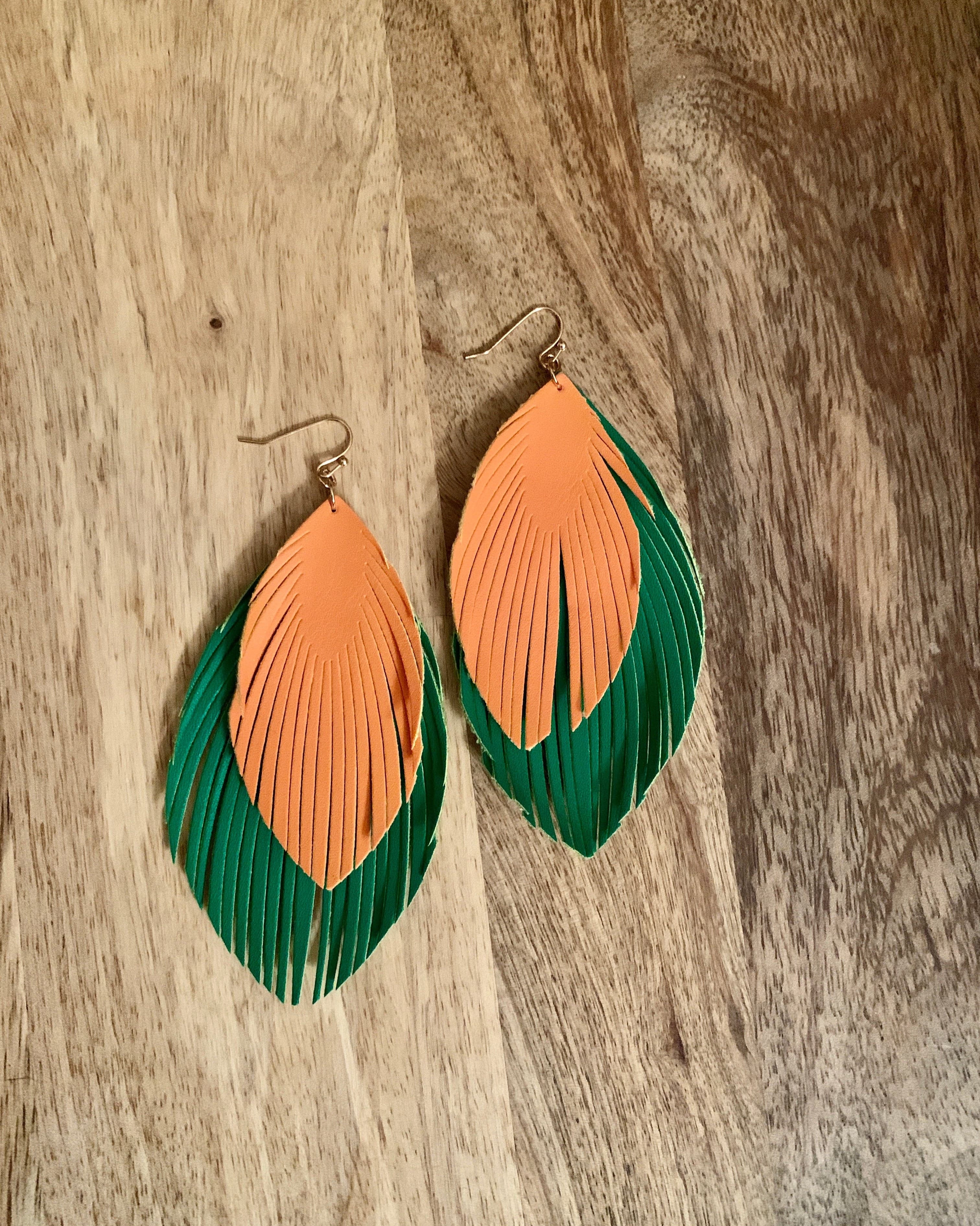 Green & Orange Feather Earrings.