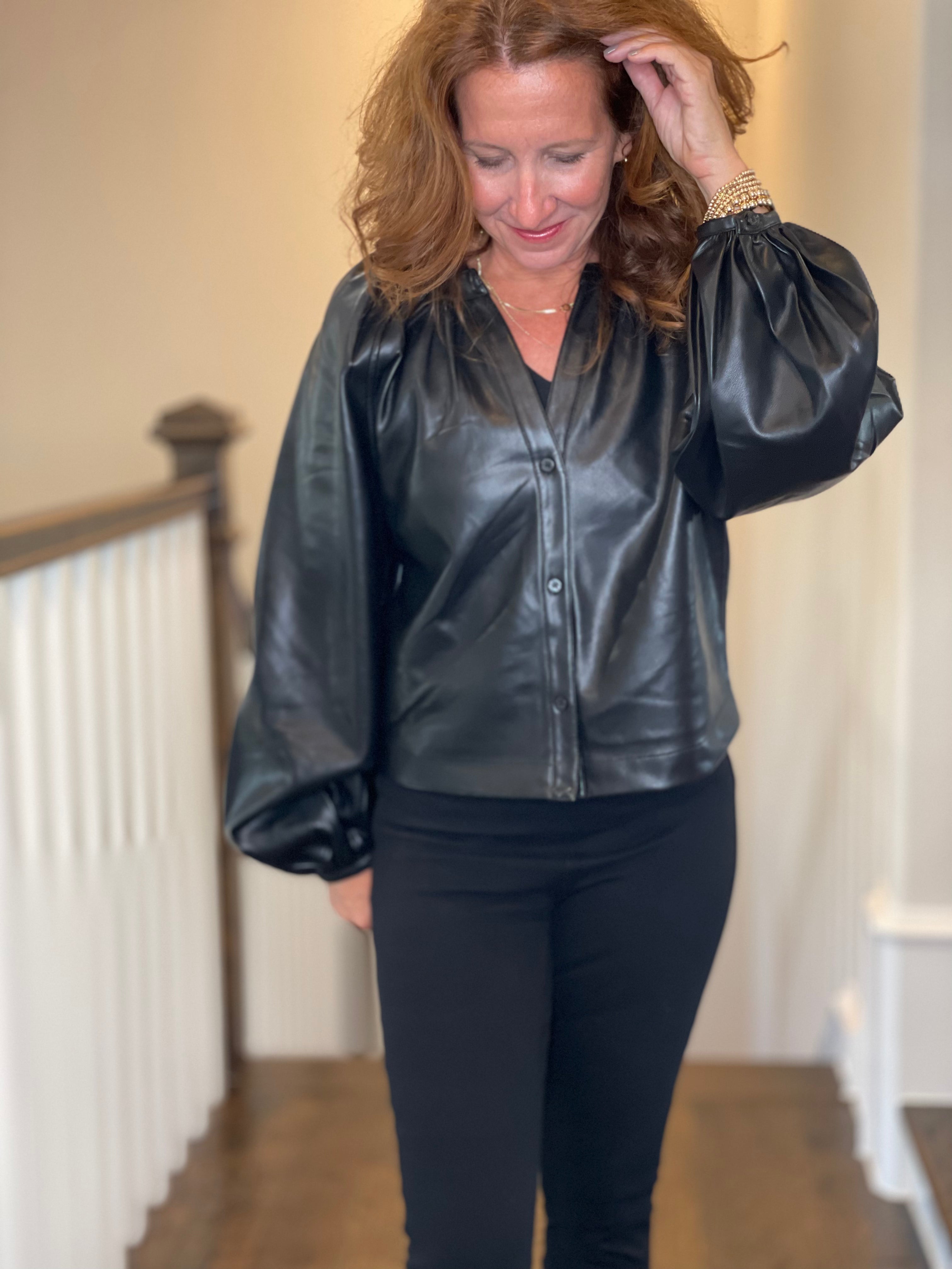 Vegan Leather Button Down Peasant Top in Black.