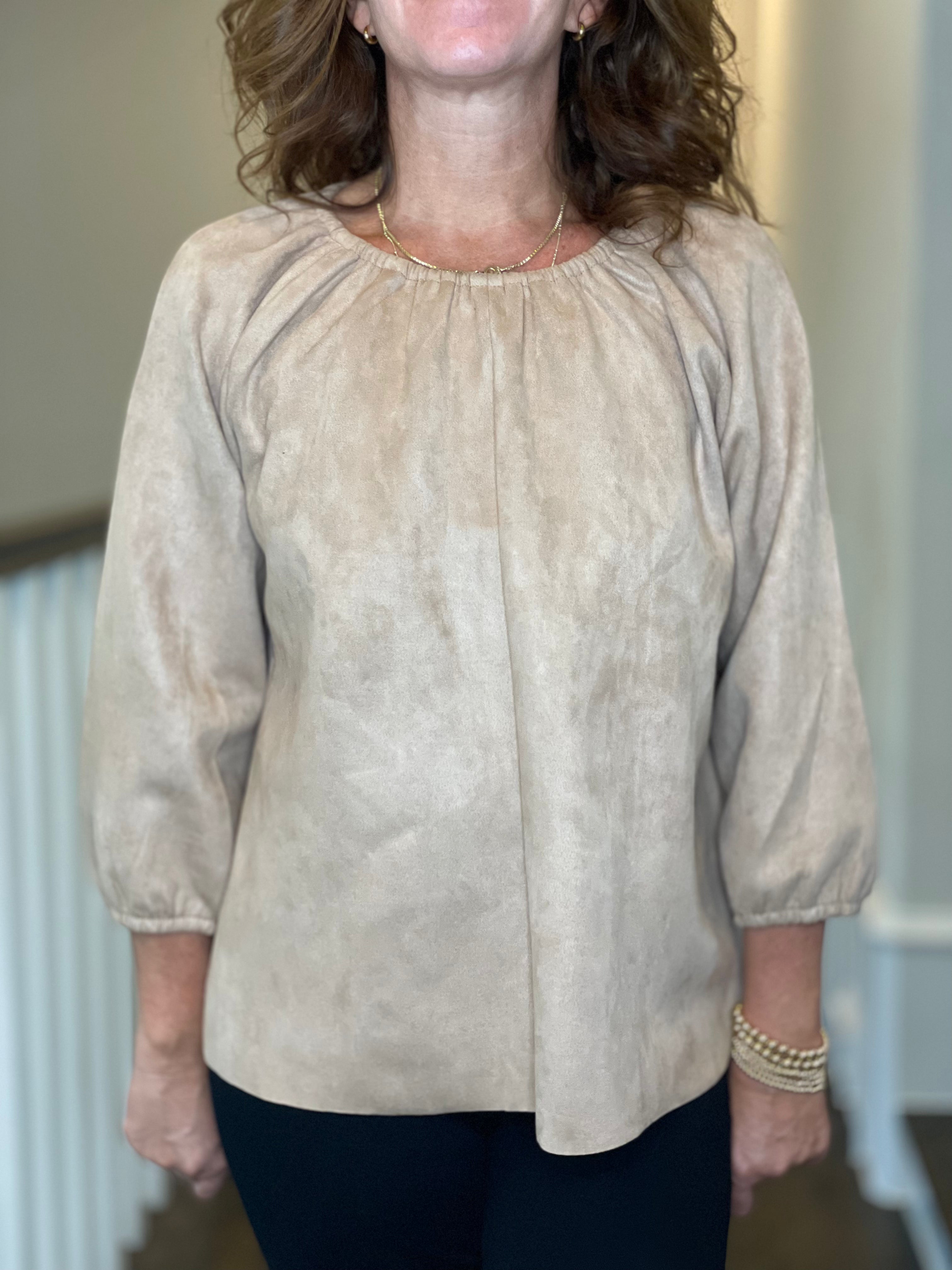 Faux Suede Peasant Top in Camel.