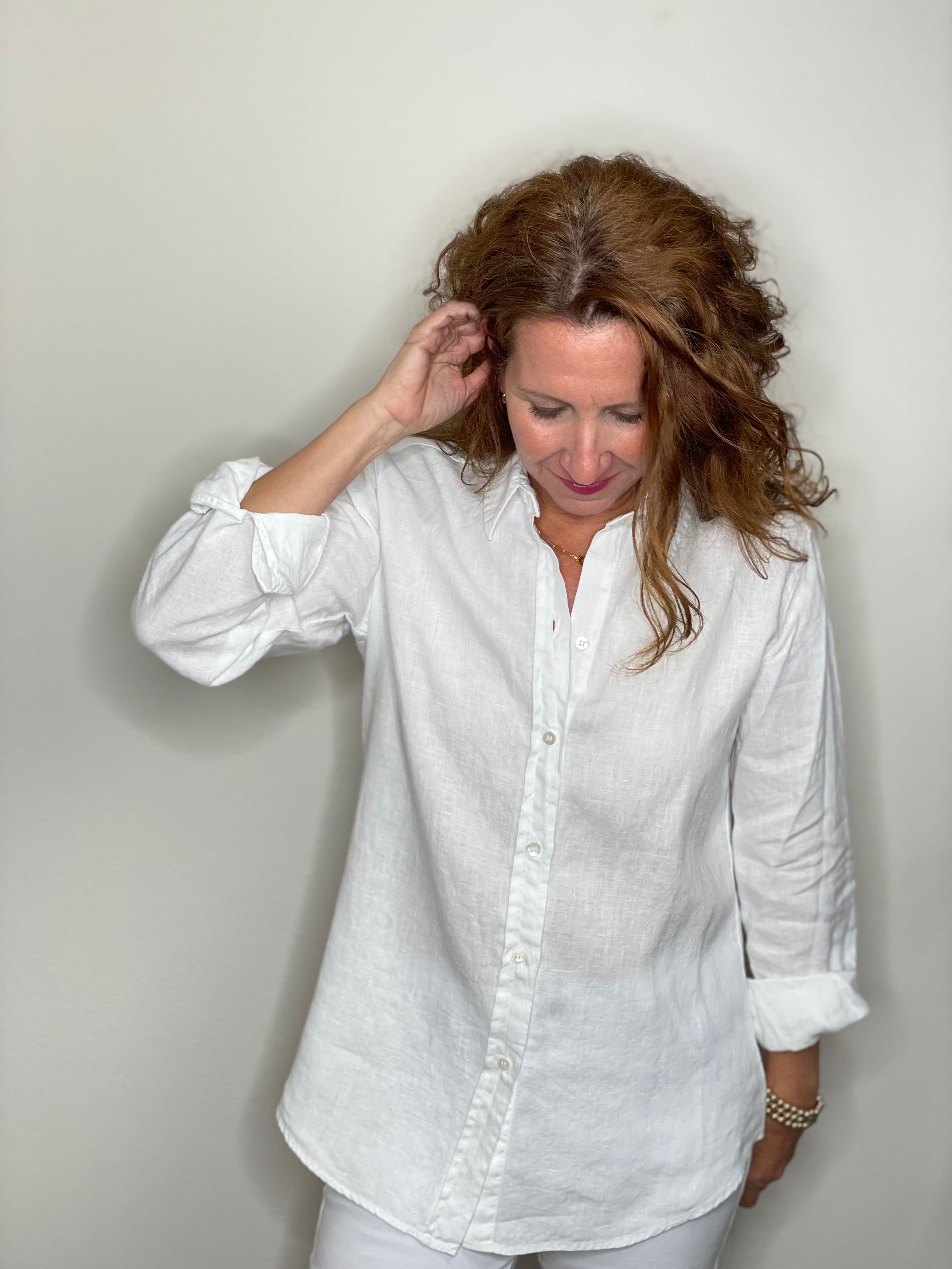 Pure Amici Button Down Linen Shirt in White.