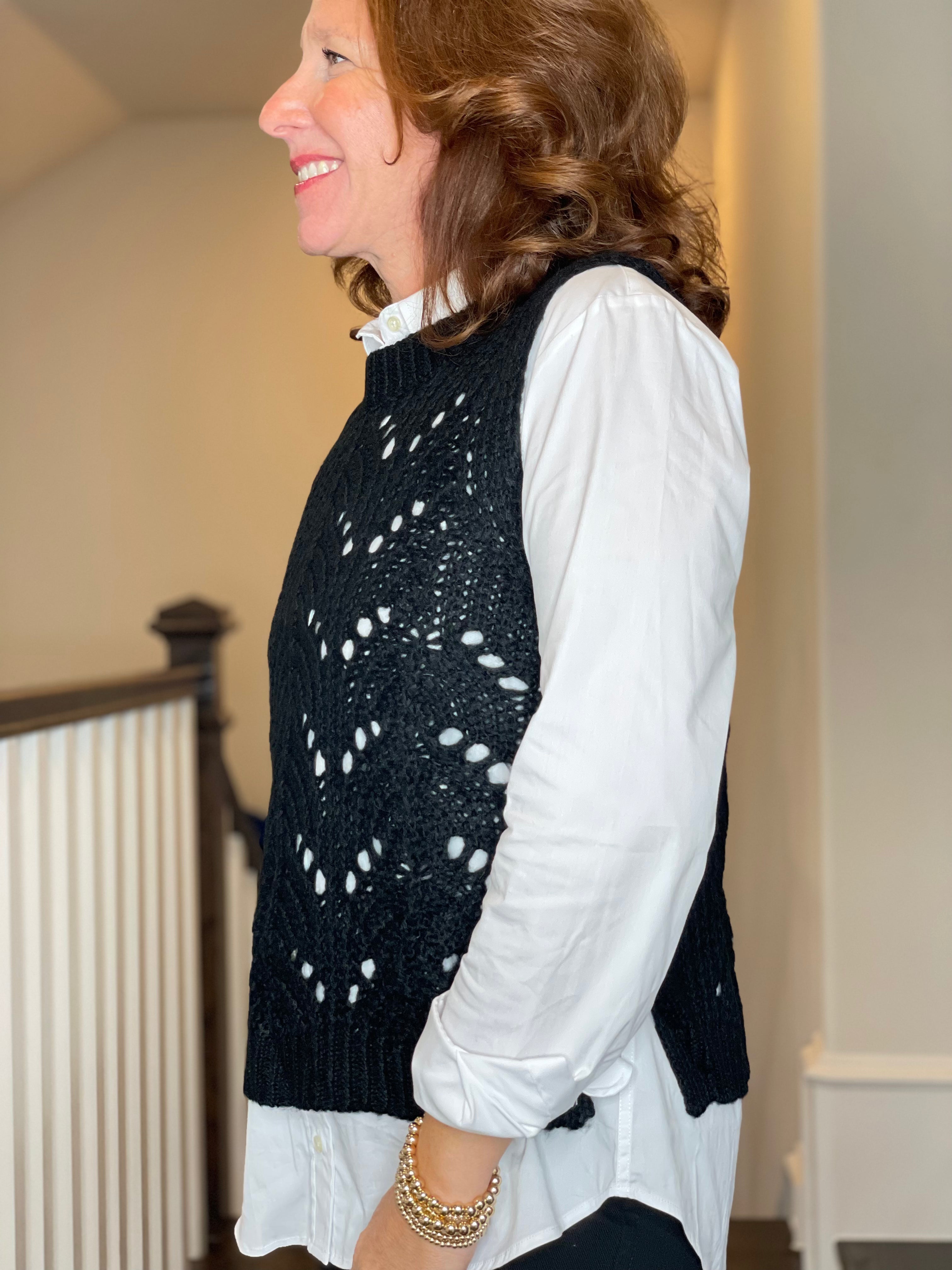 Molly Bracken Pointelle Crew Neck Vest in Black.