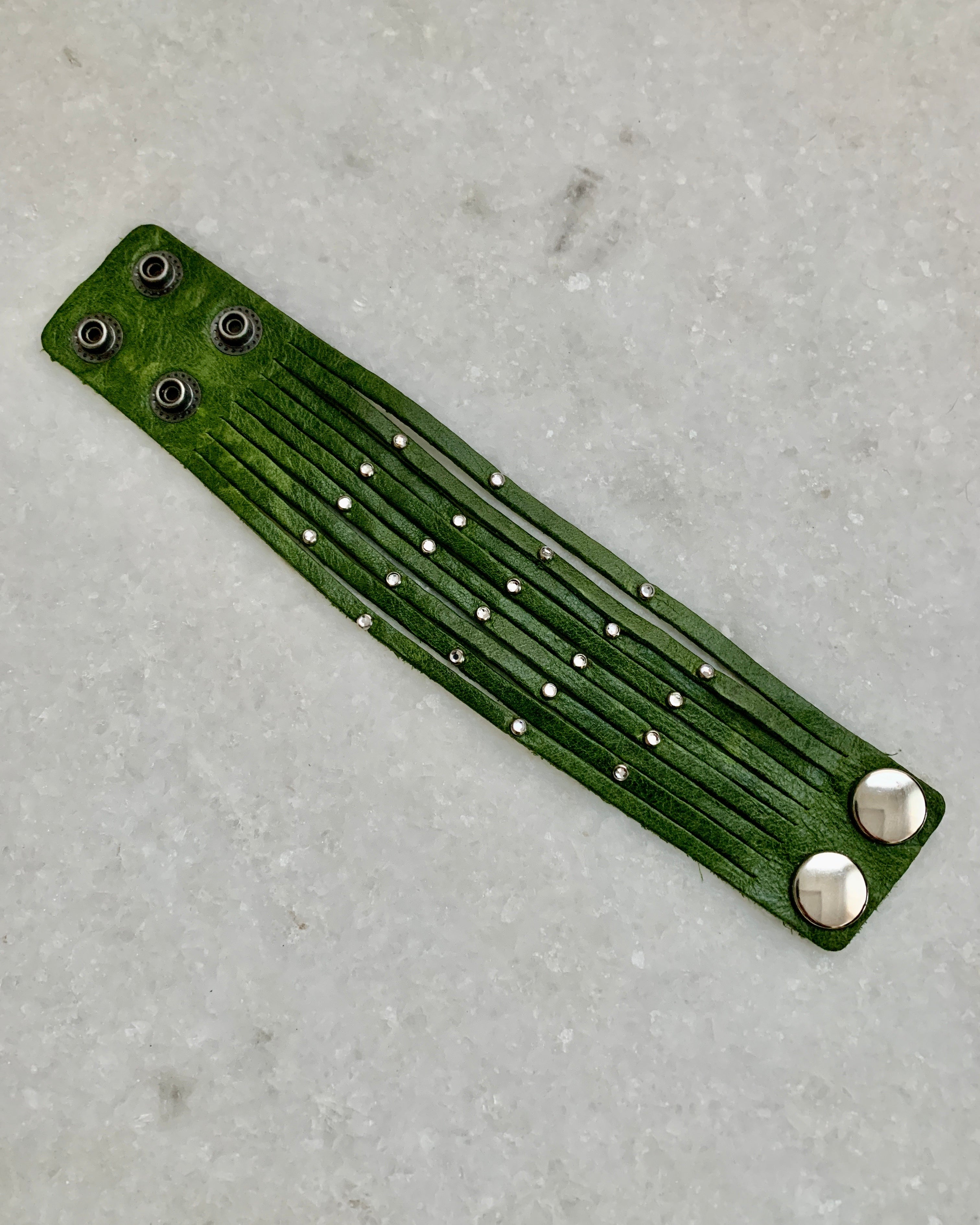 Green Leather Bracelet w/Cz Studs.