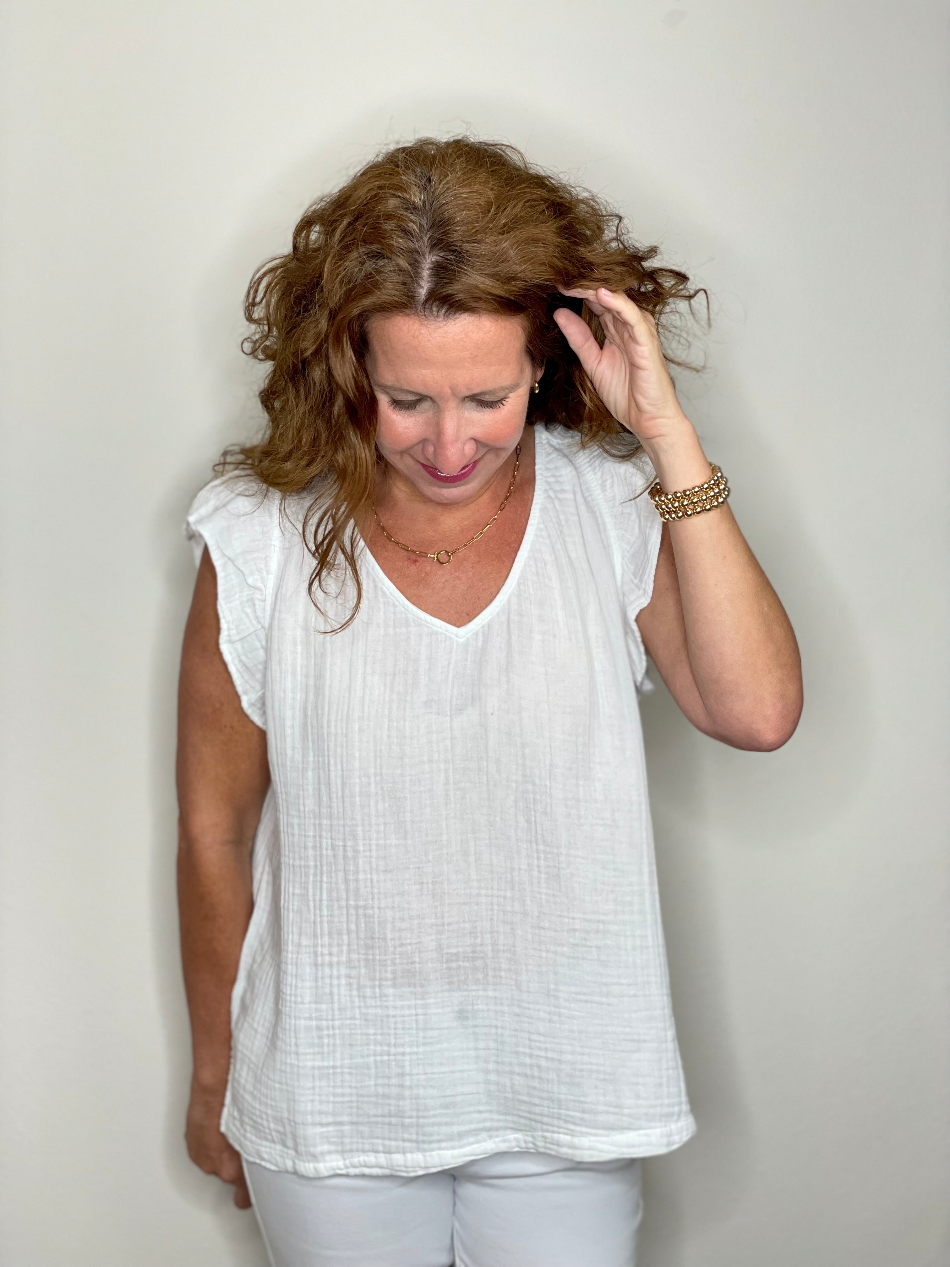 Dylan Gauze Ruffle V-Neck in White.