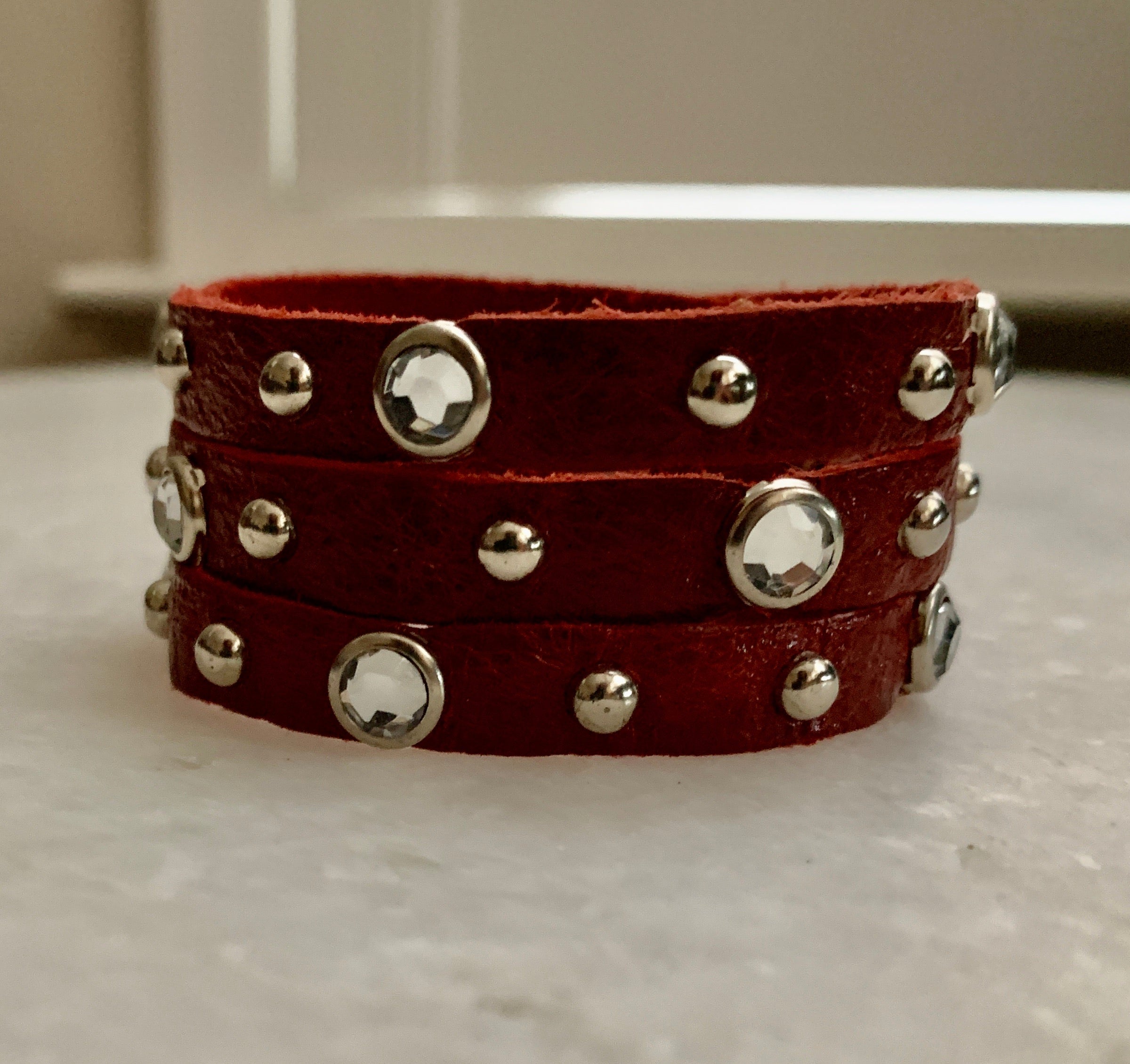 Red Cz Studded Leather Bracelet.