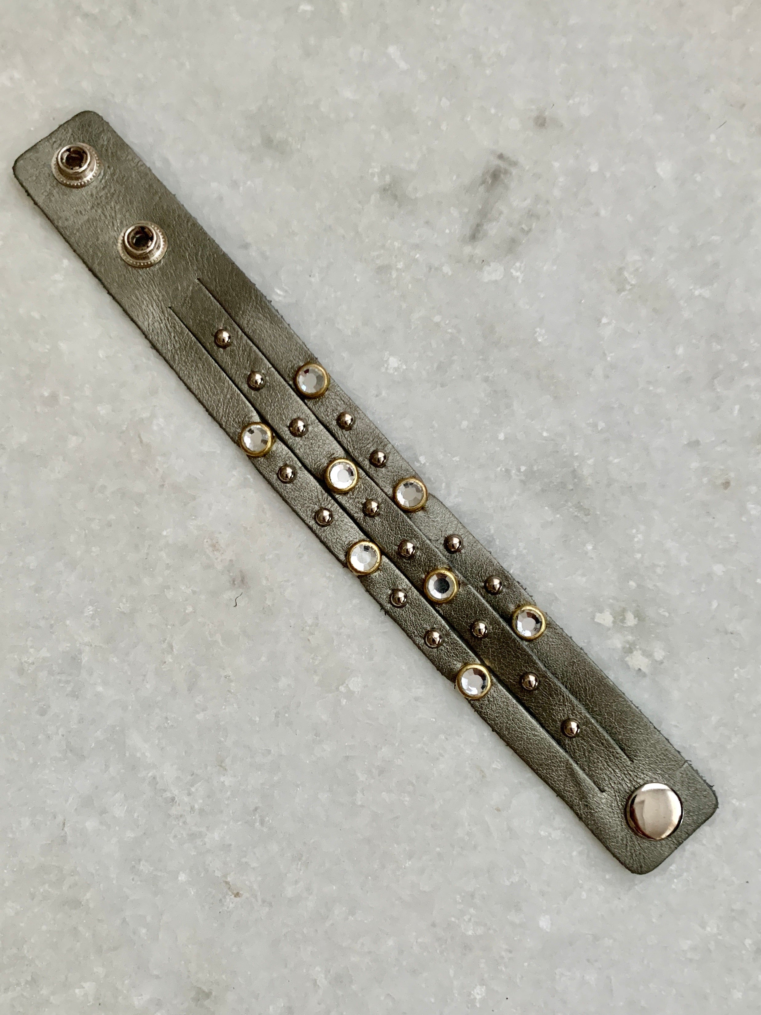 Silver Cz Studded Leather Bracelet.