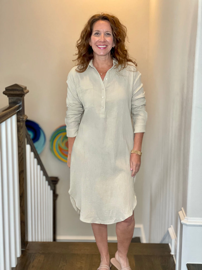Gauze Button Up Shirt Dress in Sand.