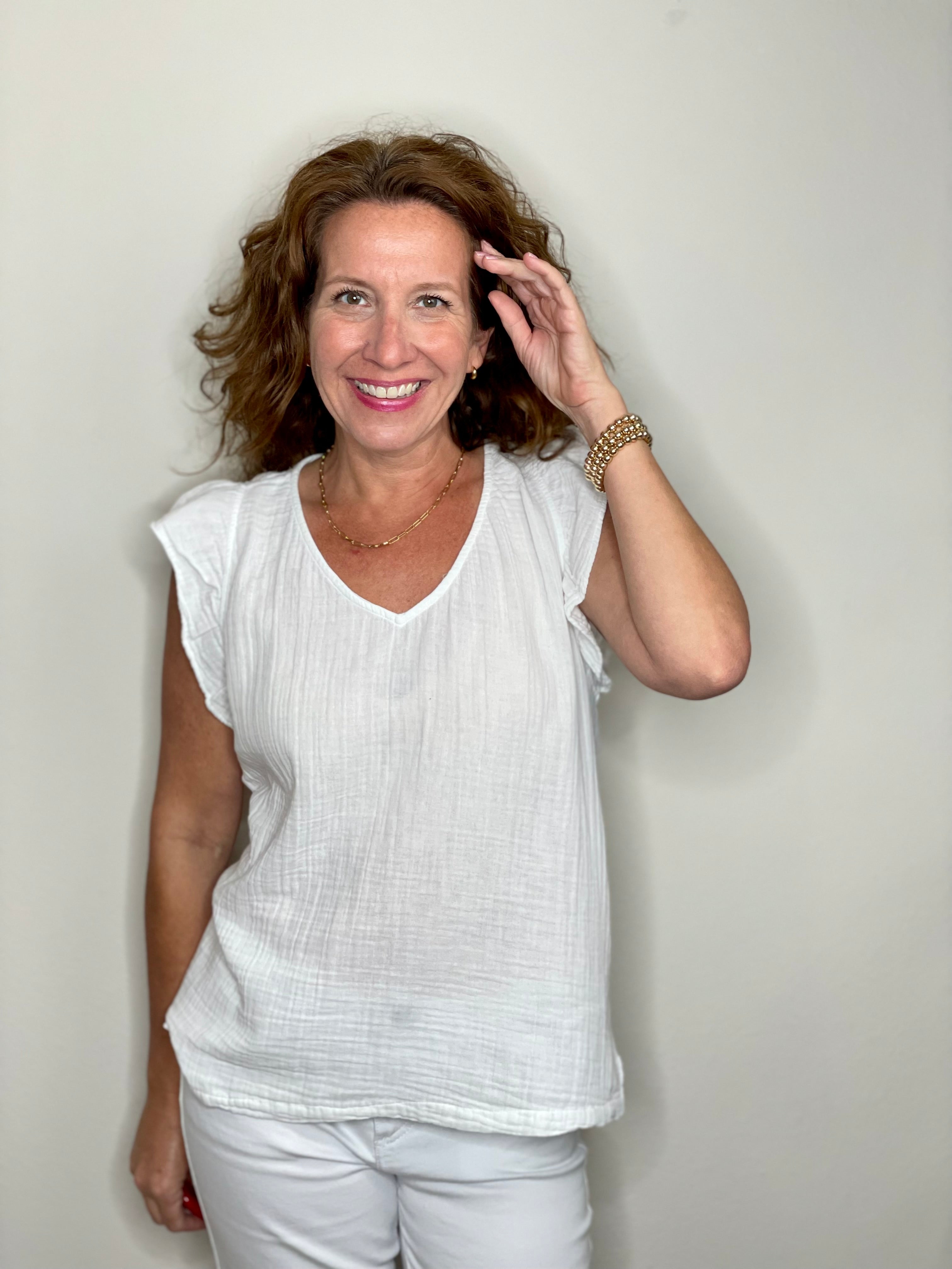 Dylan Gauze Ruffle V-Neck in White.