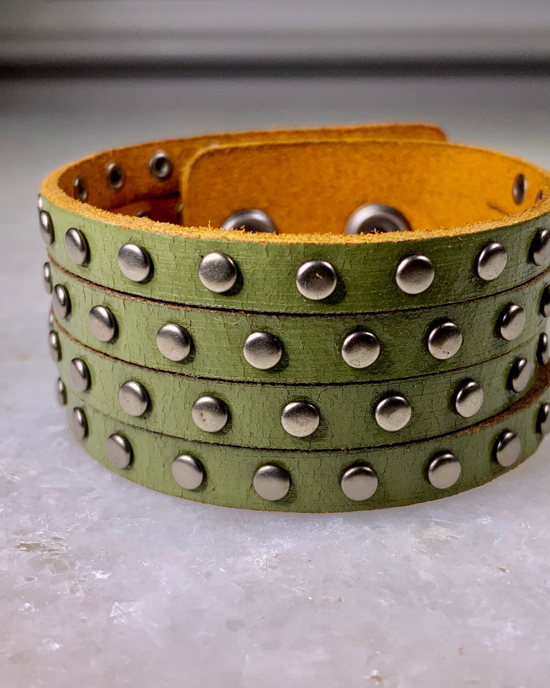 Green Leather Stud Bracelet.