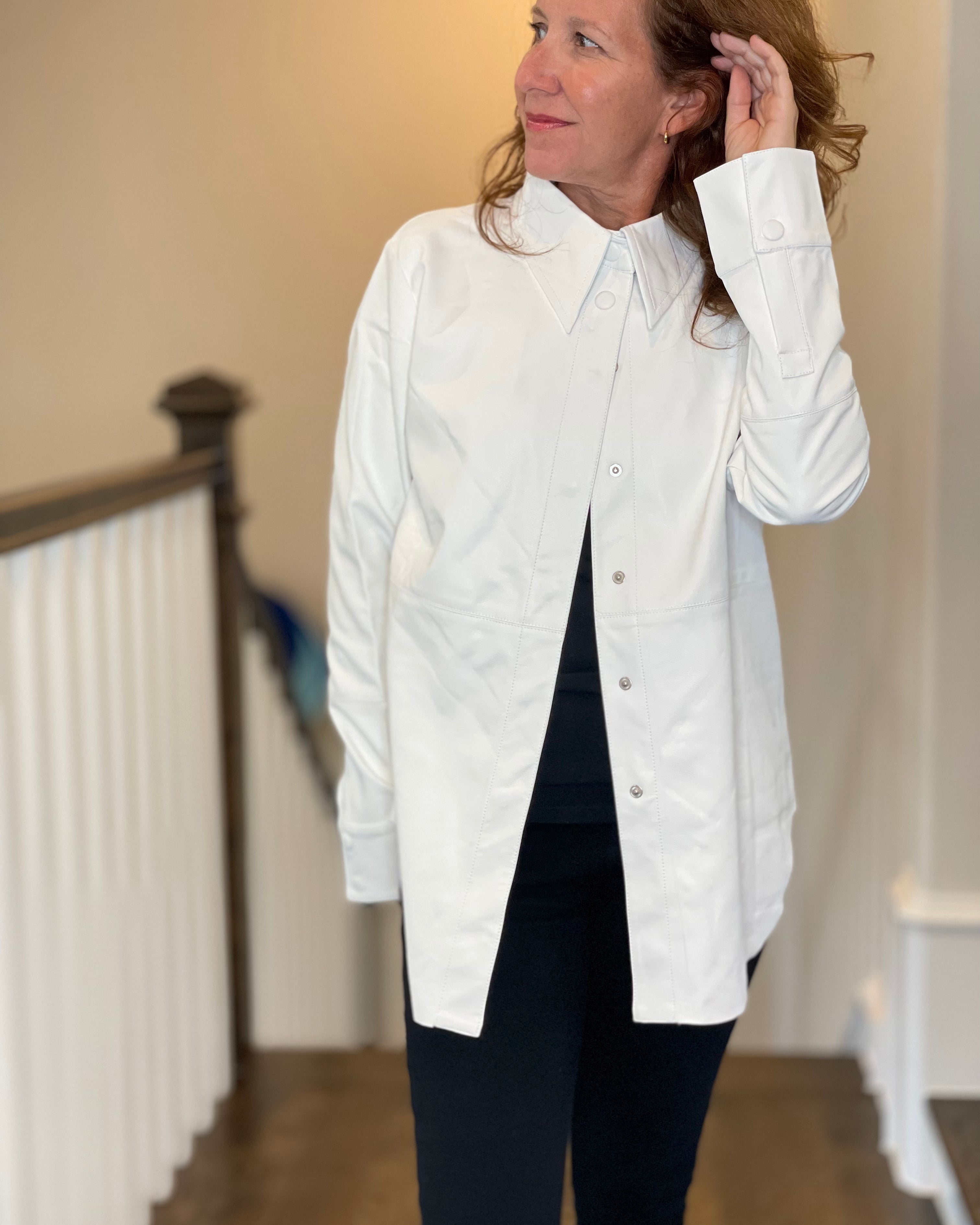 Vegan Leather Button Down Shirt in White.