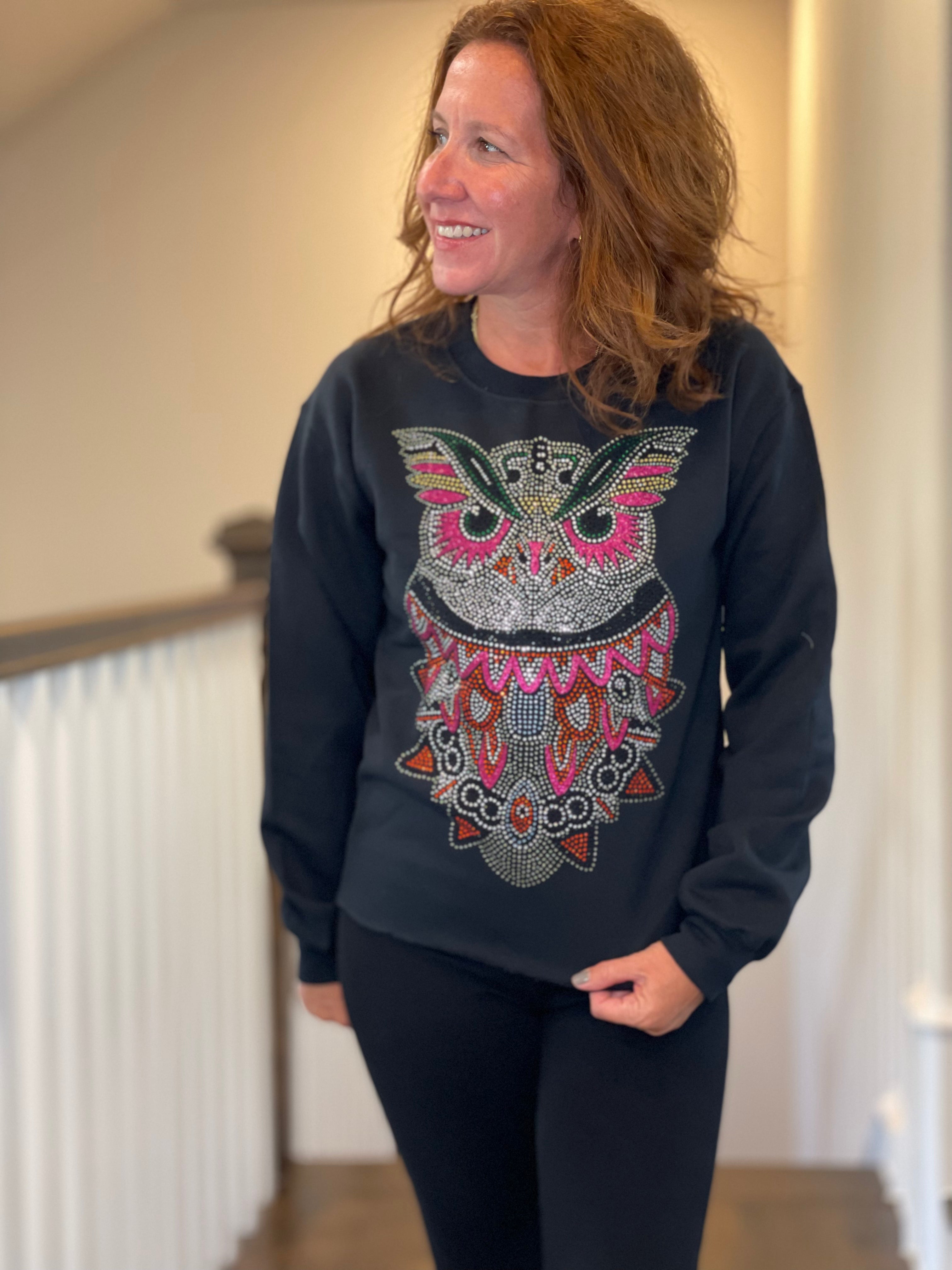 Rhinestone Owl Sweatshirt in Black.