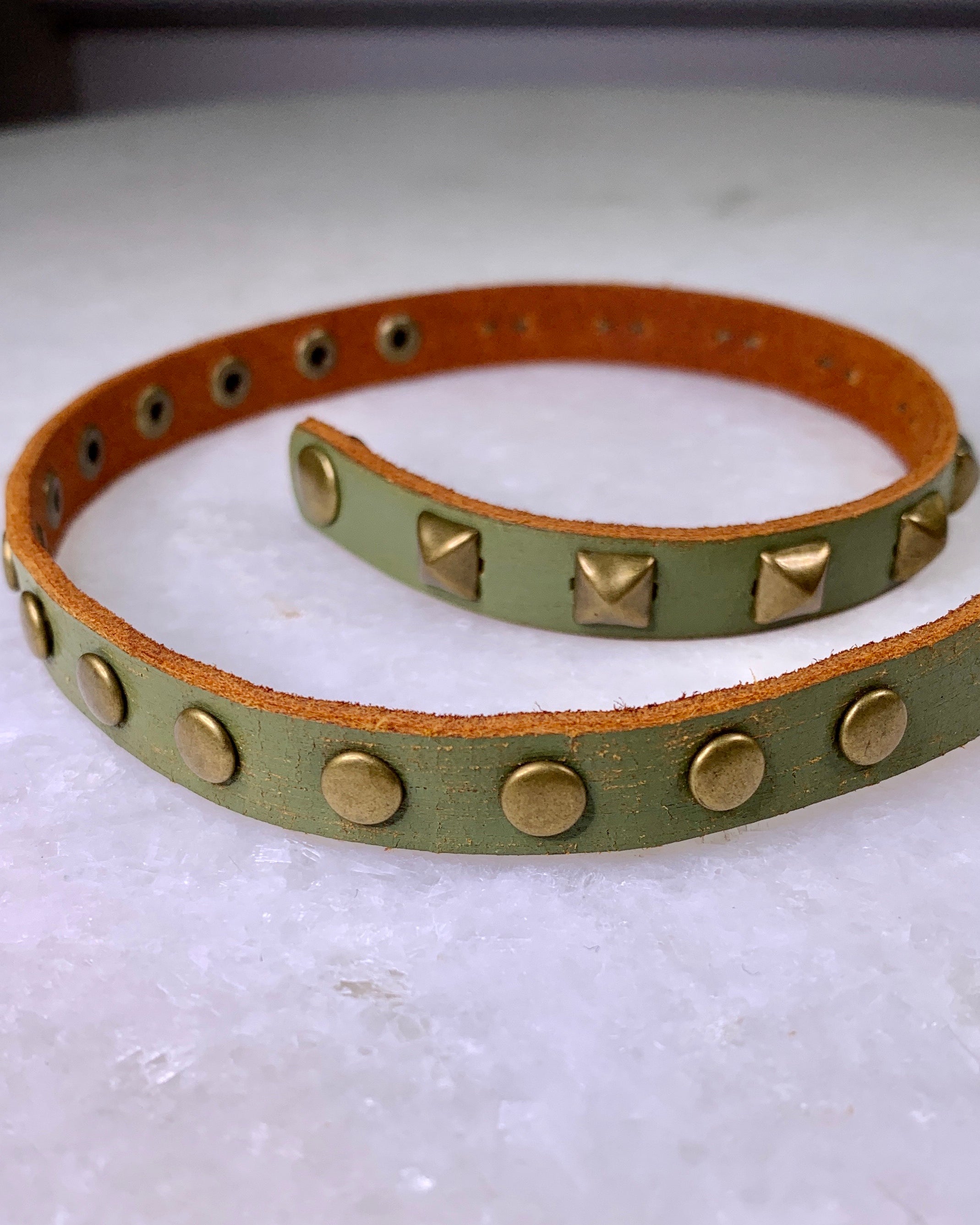 Green Leather Stud Wrap Bracelet.