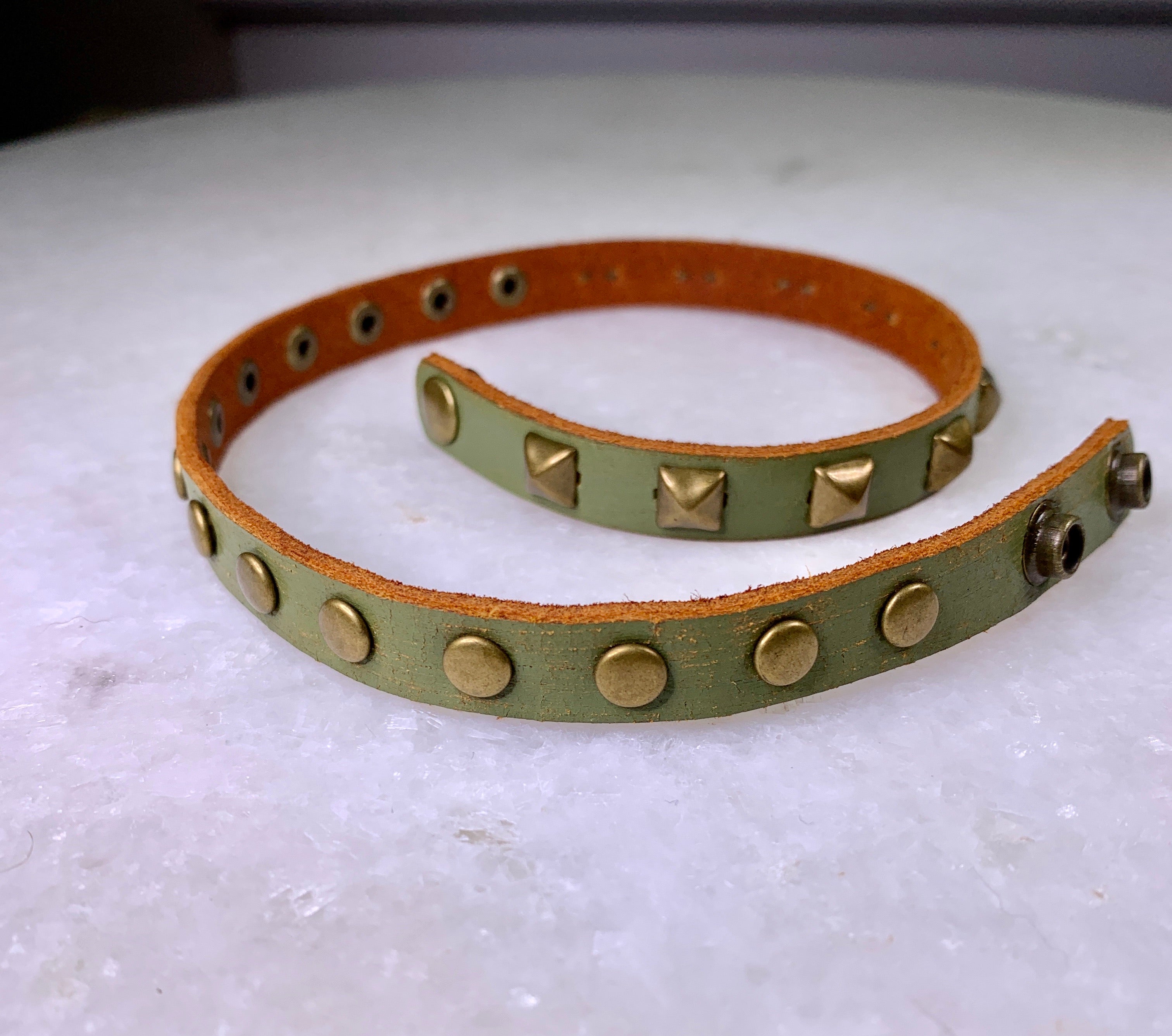 Green Leather Stud Wrap Bracelet.